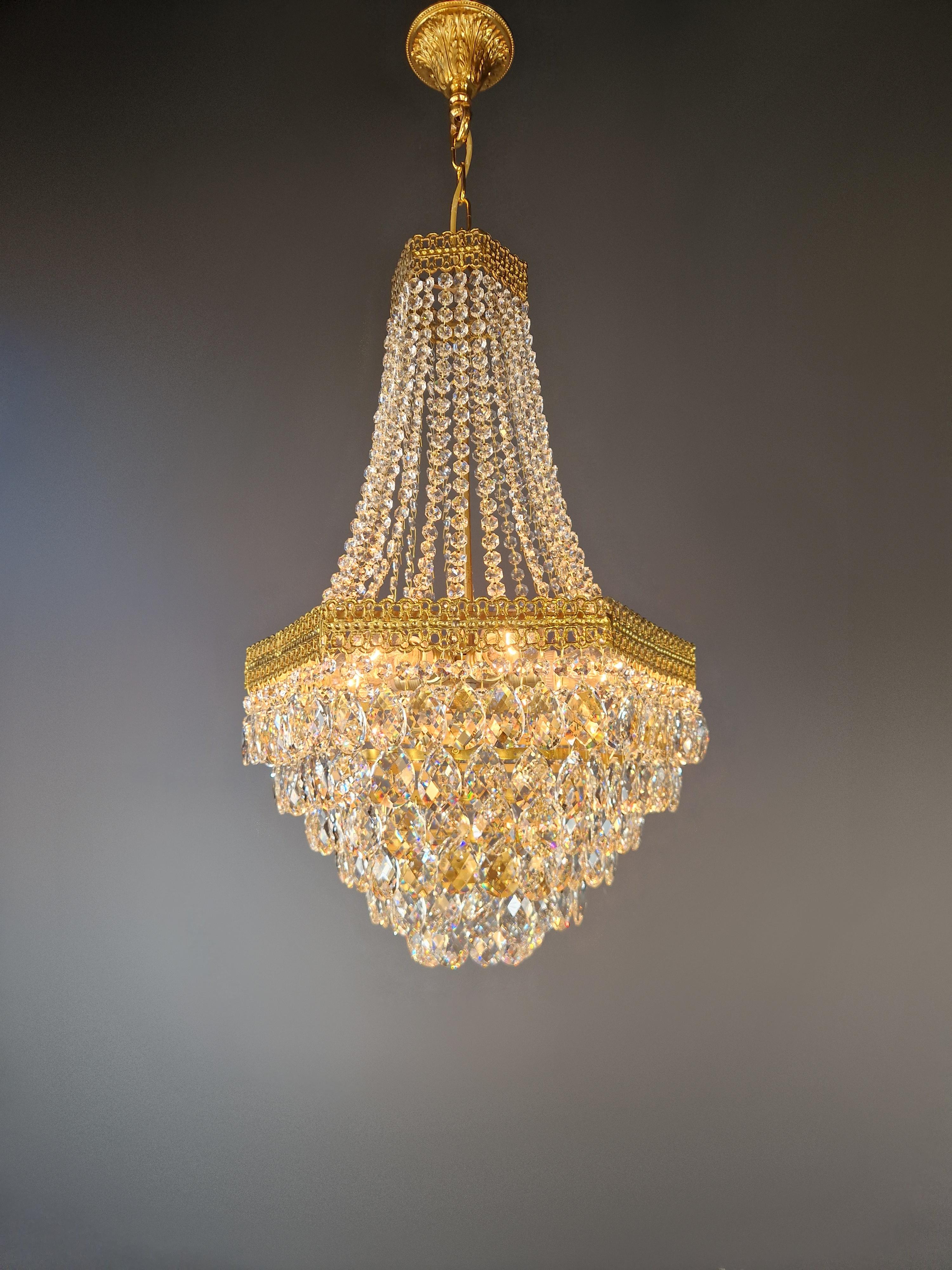 Pair Fine Brass Empire Sac a Pearl Chandelier Crystal Lustre Lamp Antique For Sale 3