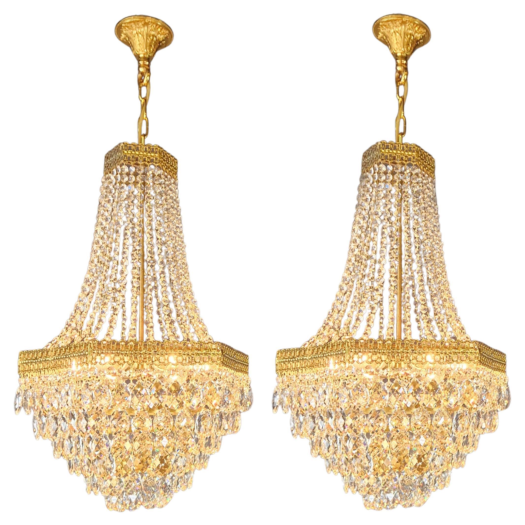 Pair Fine Brass Empire Sac a Pearl Chandelier Crystal Lustre Lamp Antique