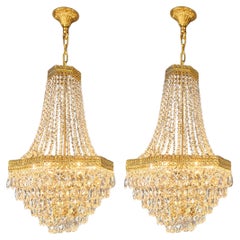 Pair Fine Brass Empire Sac a Pearl Chandelier Crystal Lustre Lamp Antique