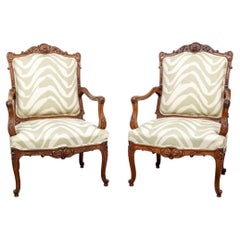 Pair Fine Carved Walnut Oversized Fauteuils in Custom Fabric