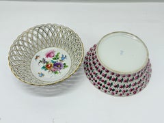 Pair, Fine Dresden Porcelain Reticulated Pierced Rose Bud Baskets C. 1910