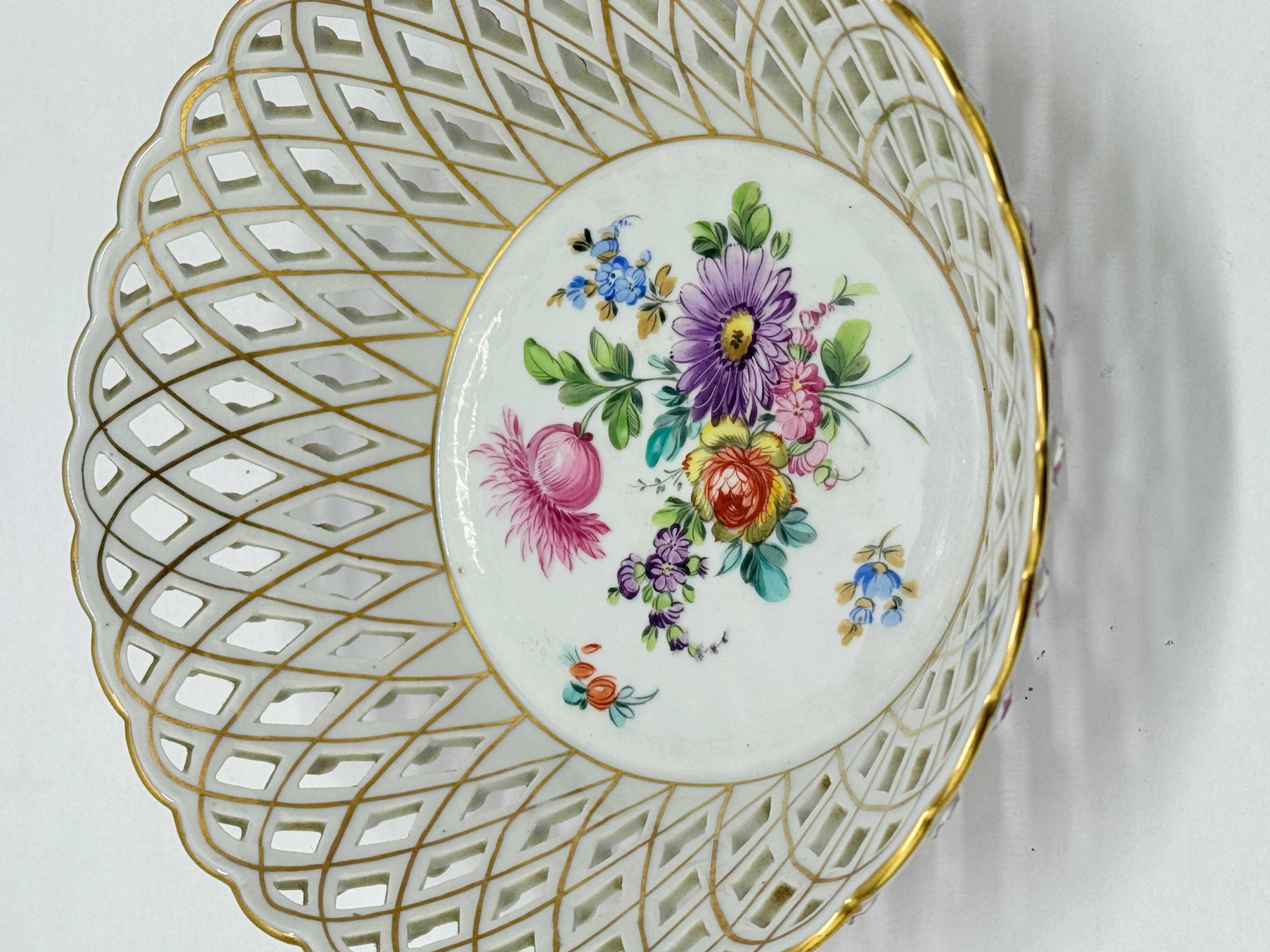 Baroque Pair, Fine Dresden Porcelain Reticulated Pierced Rose Bud Baskets C. 1910 For Sale