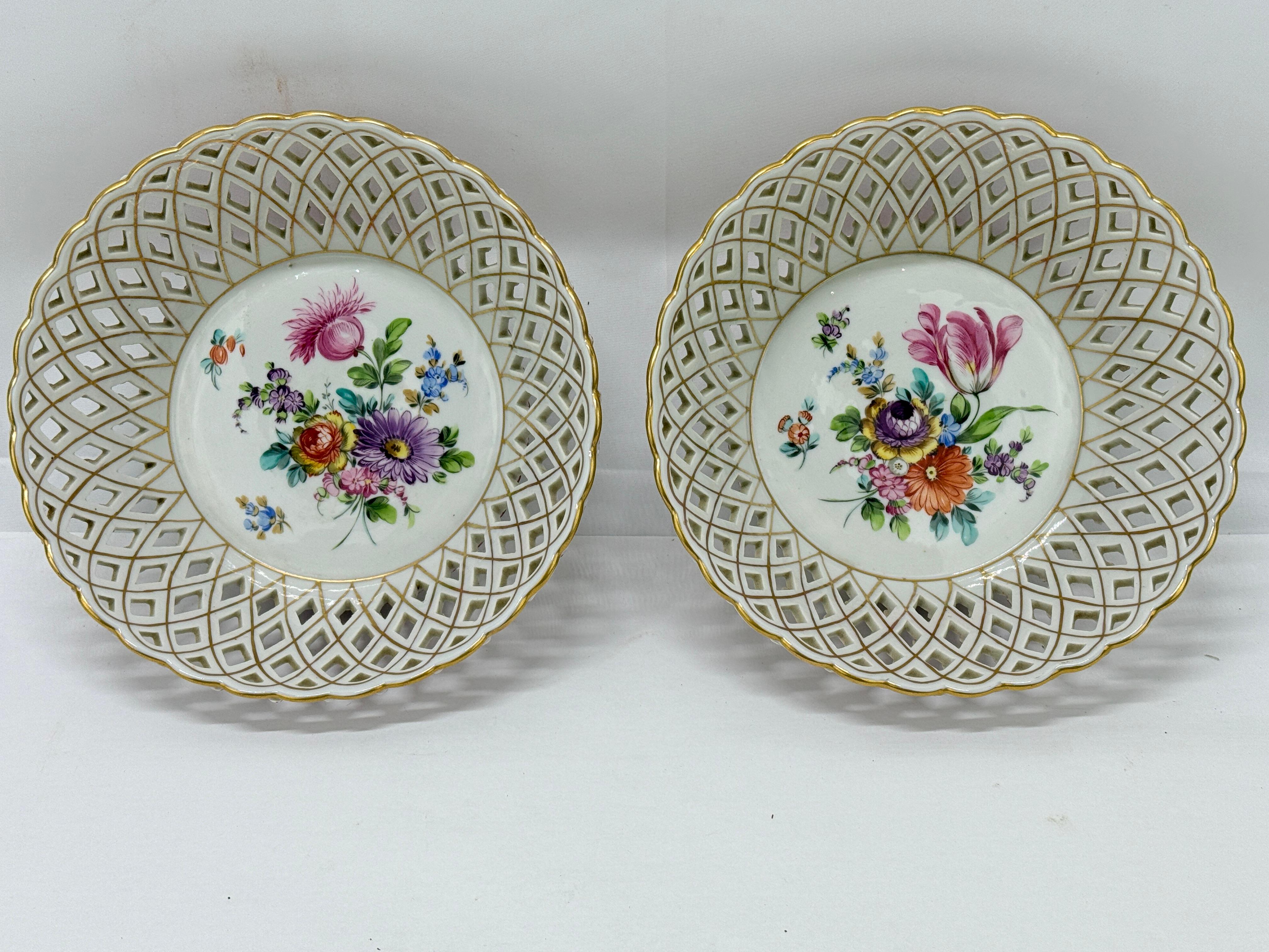 German Pair, Fine Dresden Porcelain Reticulated Pierced Rose Bud Baskets C. 1910 For Sale
