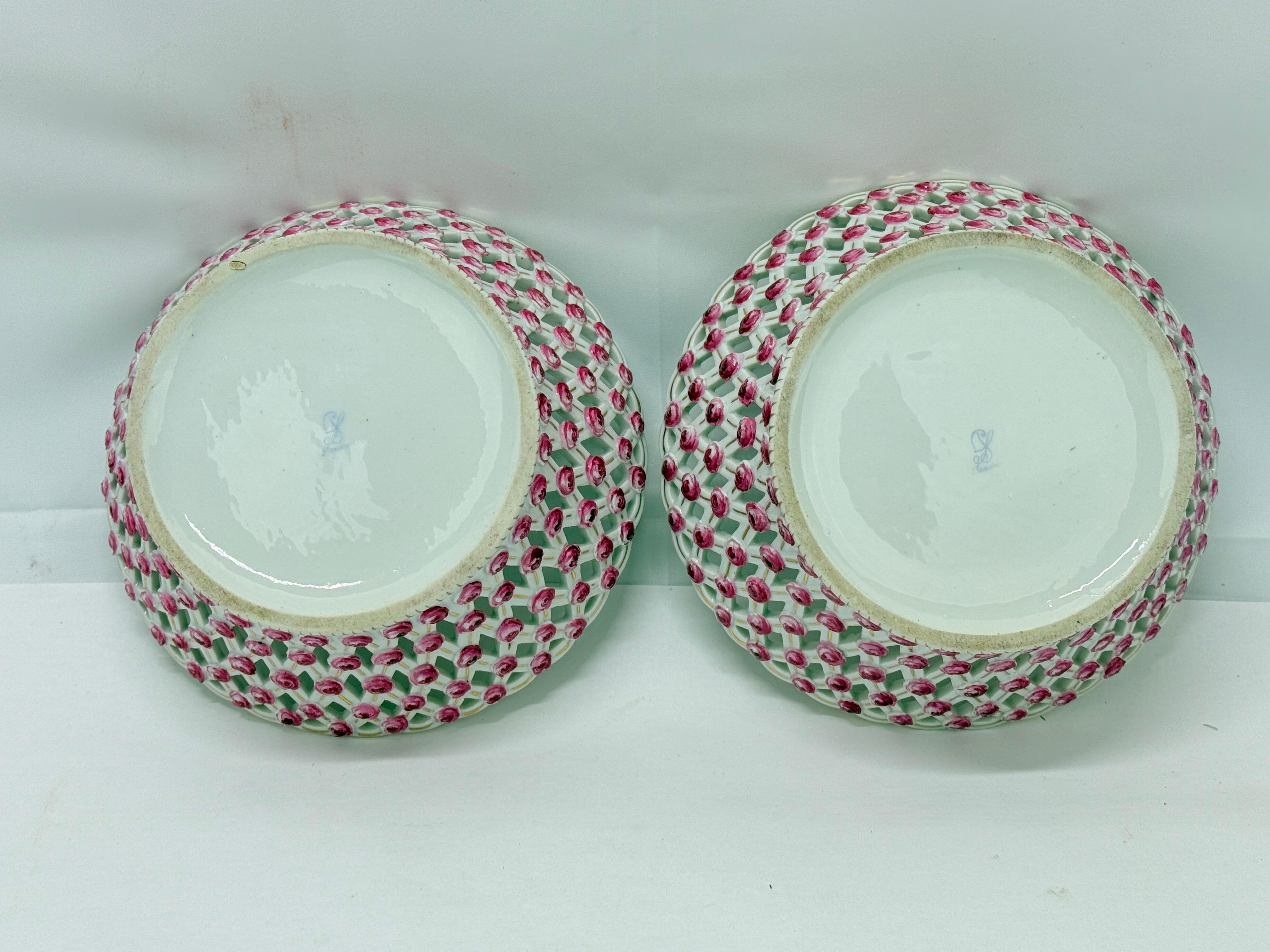 20th Century Pair, Fine Dresden Porcelain Reticulated Pierced Rose Bud Baskets C. 1910 For Sale