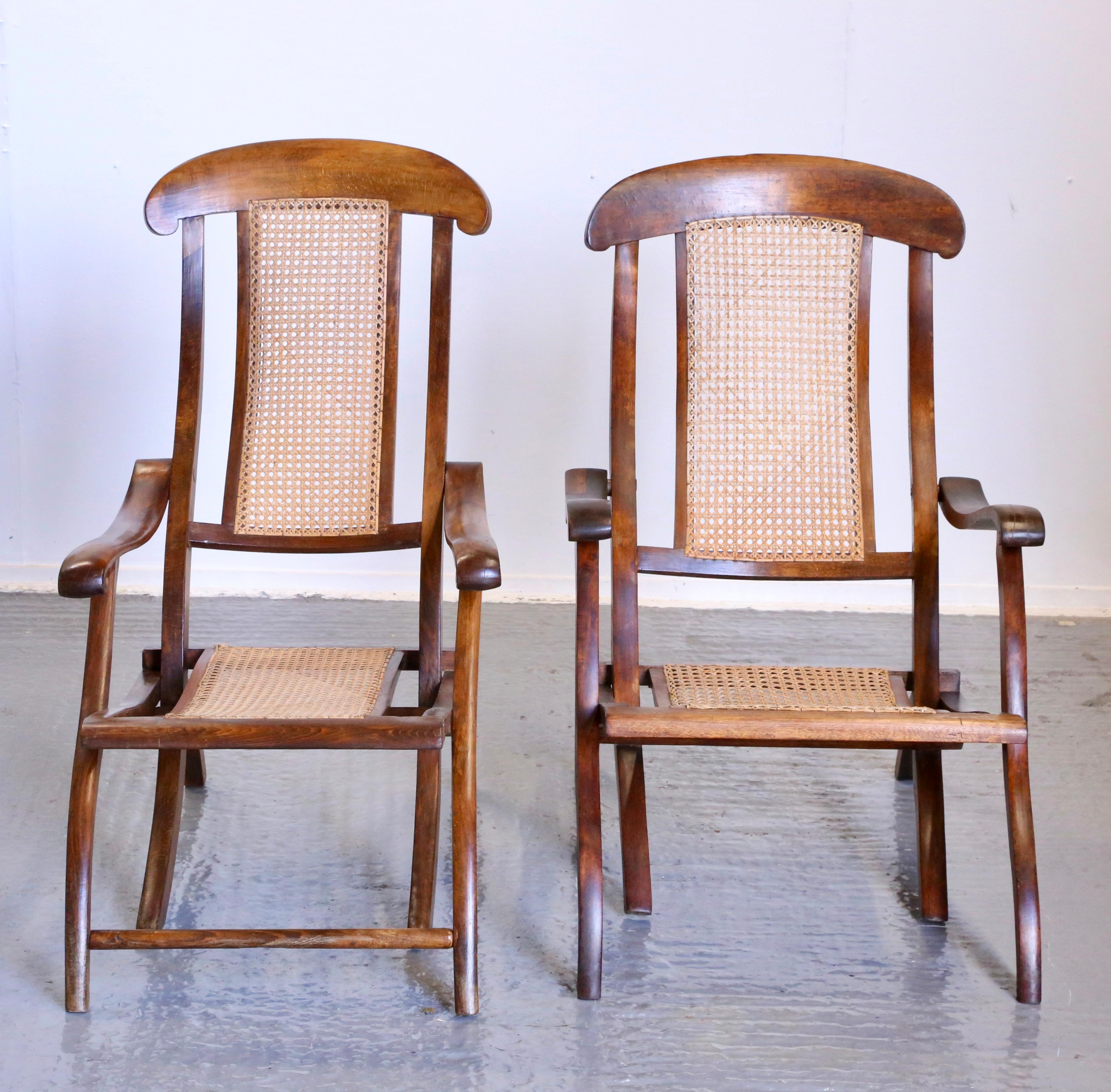 Pair Fine Early Victorian Walnut & Cane Folding Travel Steamer Chairs For Sale 13