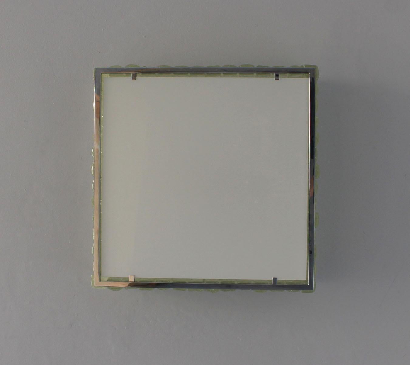 Pair Fine French 1970s Square Glass and Chrome Flush Mounts by Jean Perzel For Sale 7