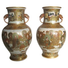 Antique Pair Fine Japanese Porcelain Satsuma Vases Artist Signed Meiji Era 