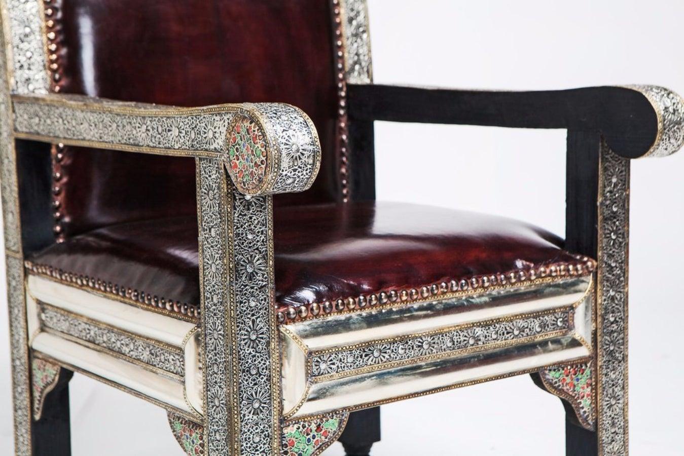 Moroccan Hollywood Regency Style Arm / Bergere Chair with Fine Leather, a Pair 