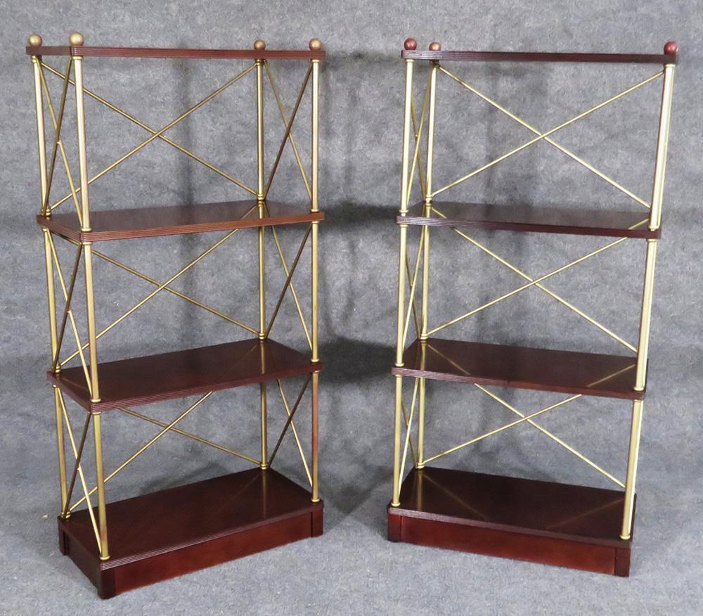 French Fine Mahogany and Gilded Metal Directoire Style Étagères Bookshelves Curio, Pair