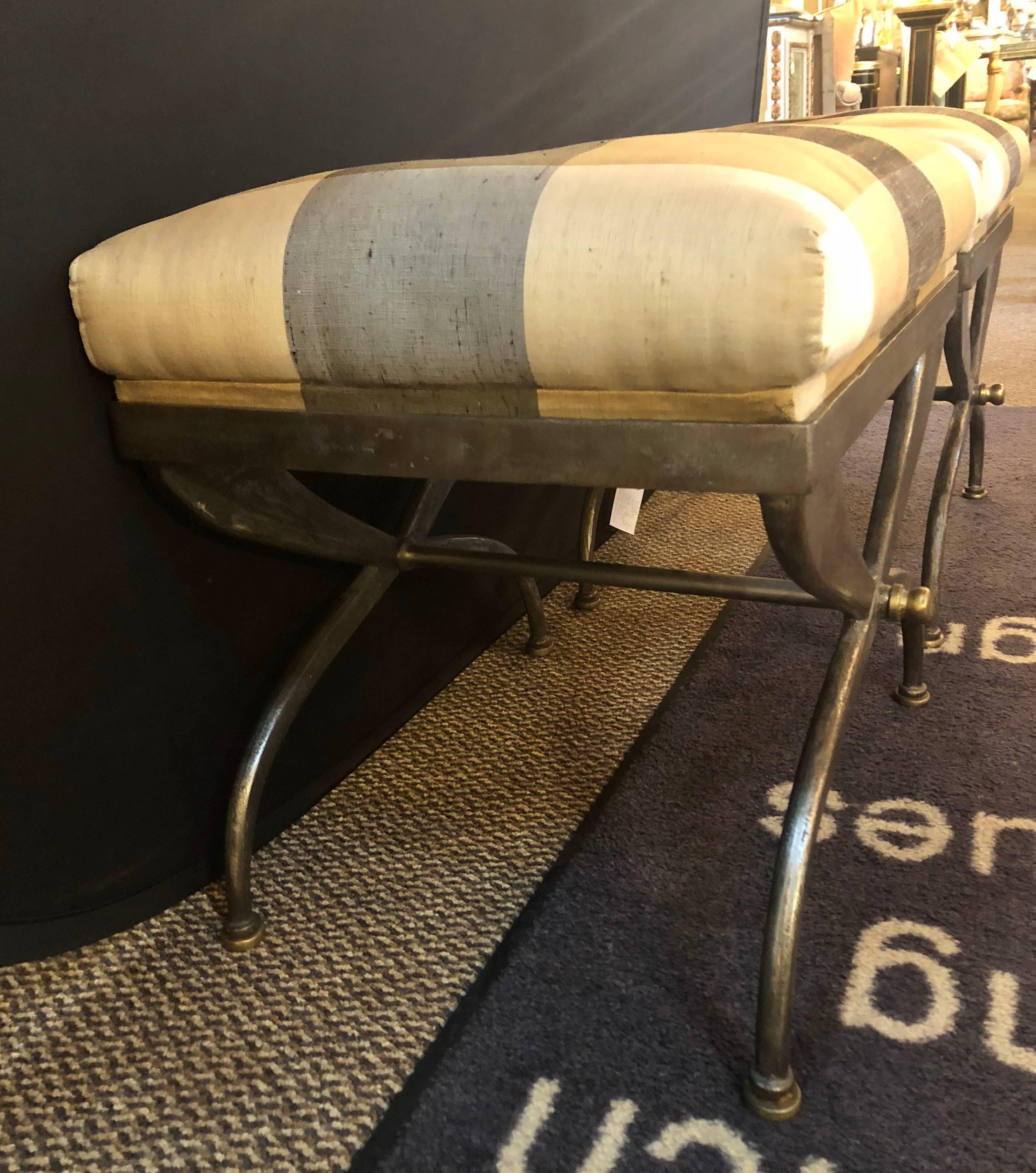 Pair of Maison Jansen Footstools or Benches X-Design Steel and Bronze-Mounted In Good Condition In Stamford, CT