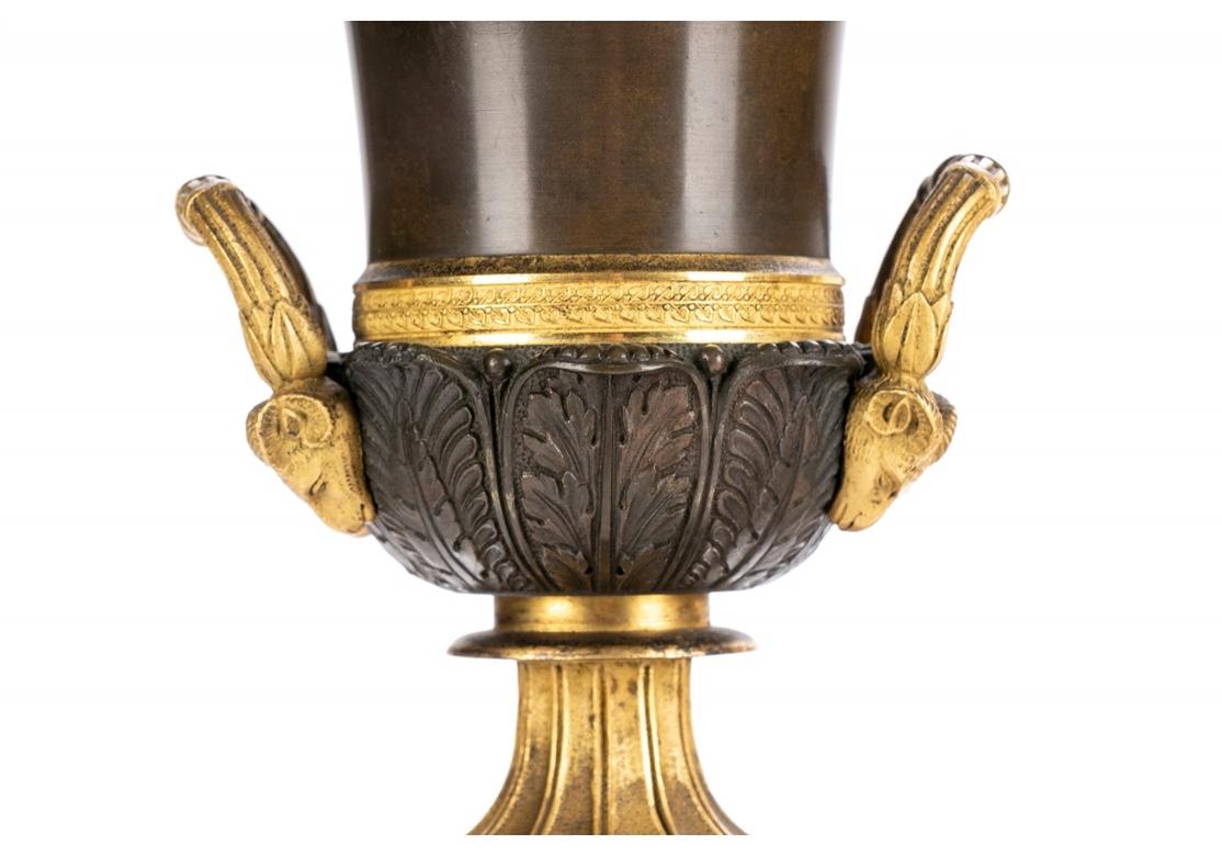 Pair Fine Neoclassical Style Patinated And Gilt Bronze Urns On Pedestals 1