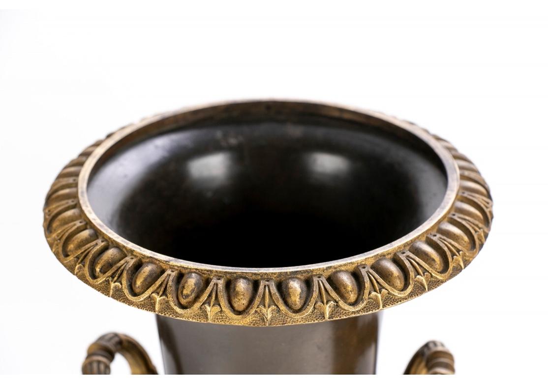 Pair Fine Neoclassical Style Patinated And Gilt Bronze Urns On Pedestals 2