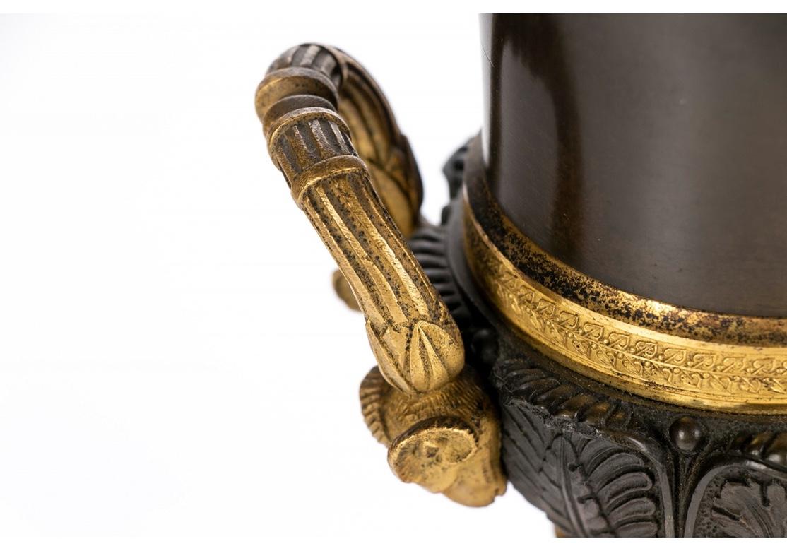 Pair Fine Neoclassical Style Patinated And Gilt Bronze Urns On Pedestals 3