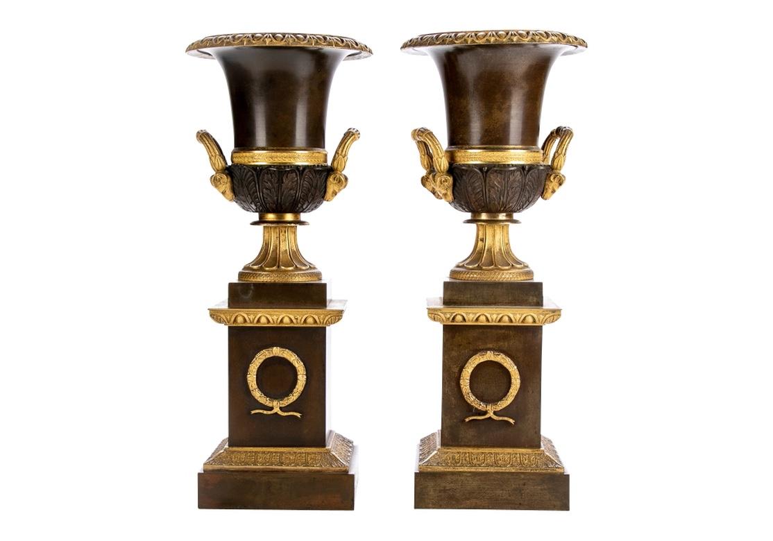 Pair Fine Neoclassical Style Patinated And Gilt Bronze Urns On Pedestals 4
