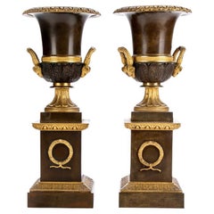 Pair Fine Neoclassical Style Patinated And Gilt Bronze Urns On Pedestals