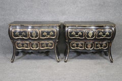 Pair Fine Quality Ebonized French Provincial Bombe Commodes Nightstands