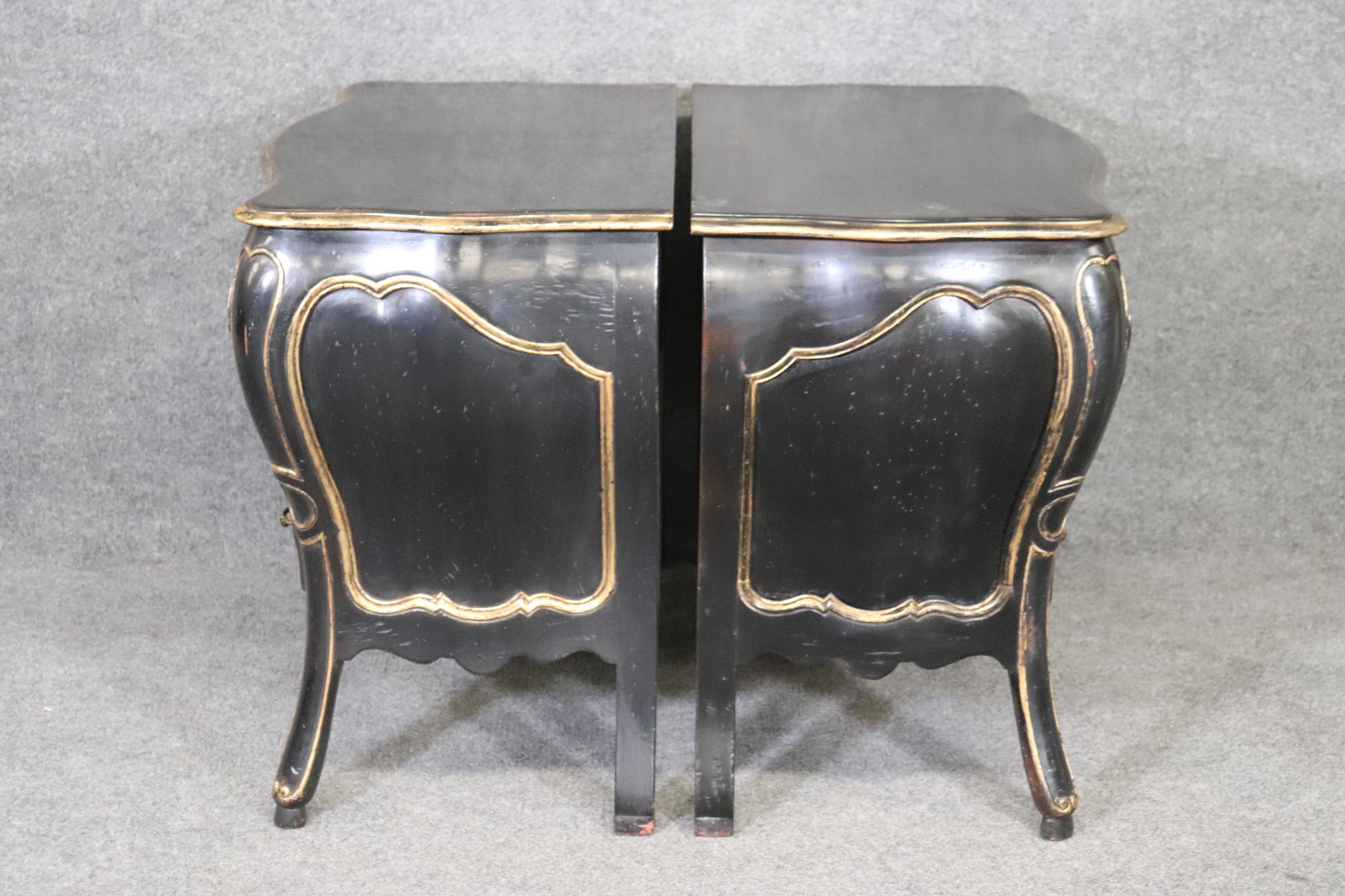 Pair Fine Quality Ebonized French Provincial Bombe Commodes Nightstands In Good Condition In Swedesboro, NJ