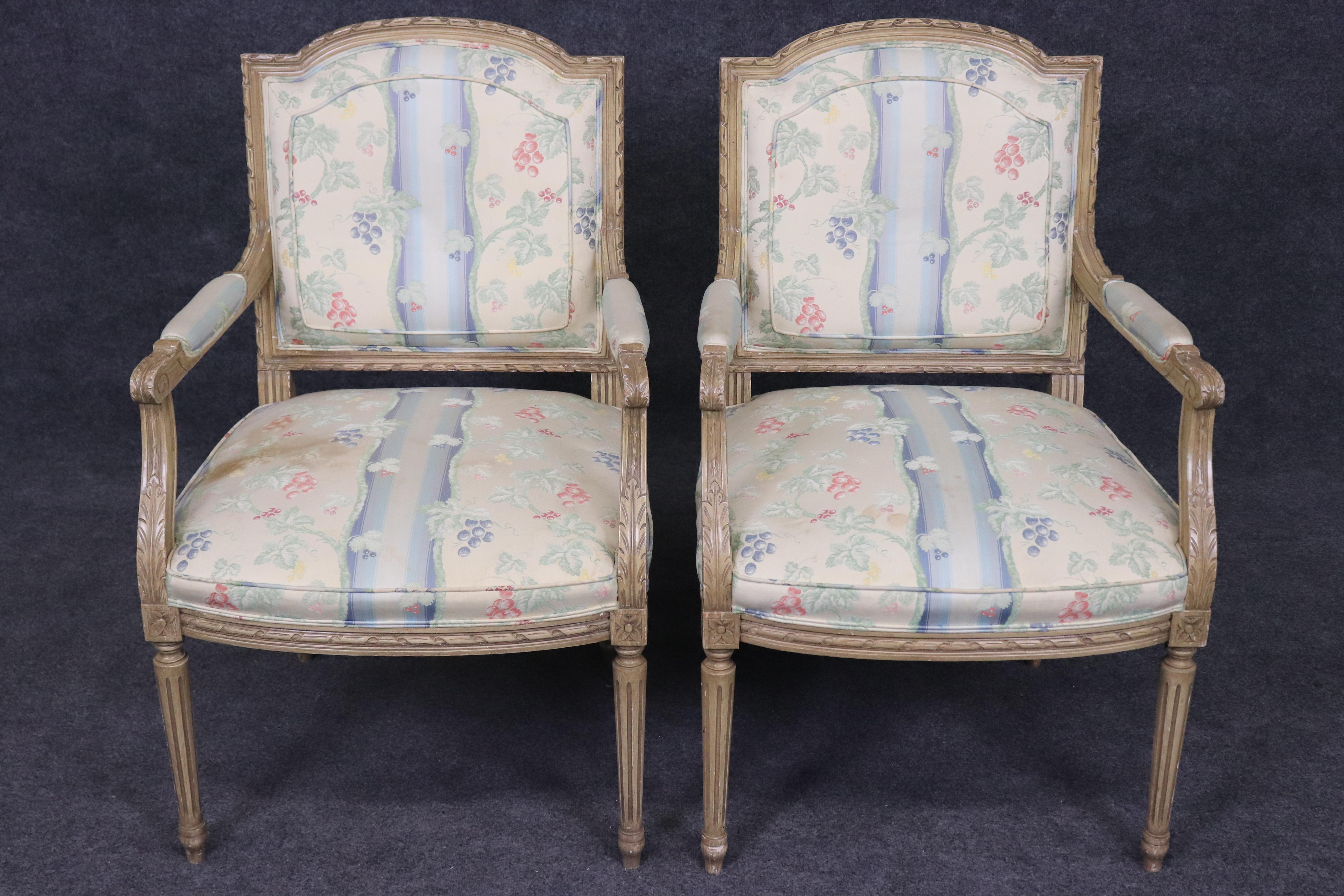 Walnut Pair Fine Quality Paint Decorated French Louis XVI Style Armchairs For Sale