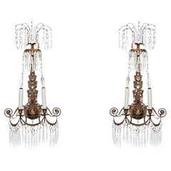 Pair Fine Two Light Crystal Wall Sconces