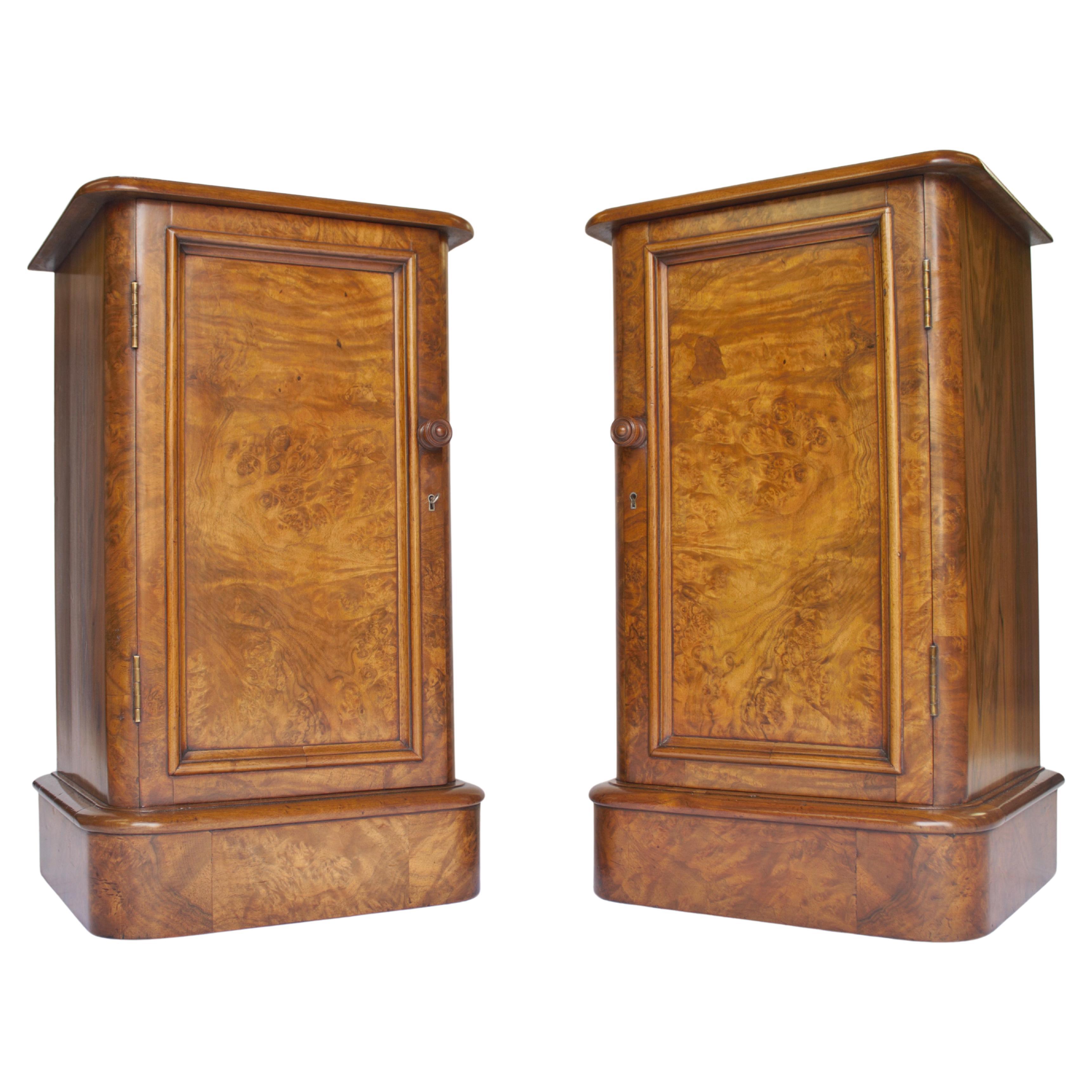 Pair Fine Victorian Burr Wanut Bedside Cupboards For Sale