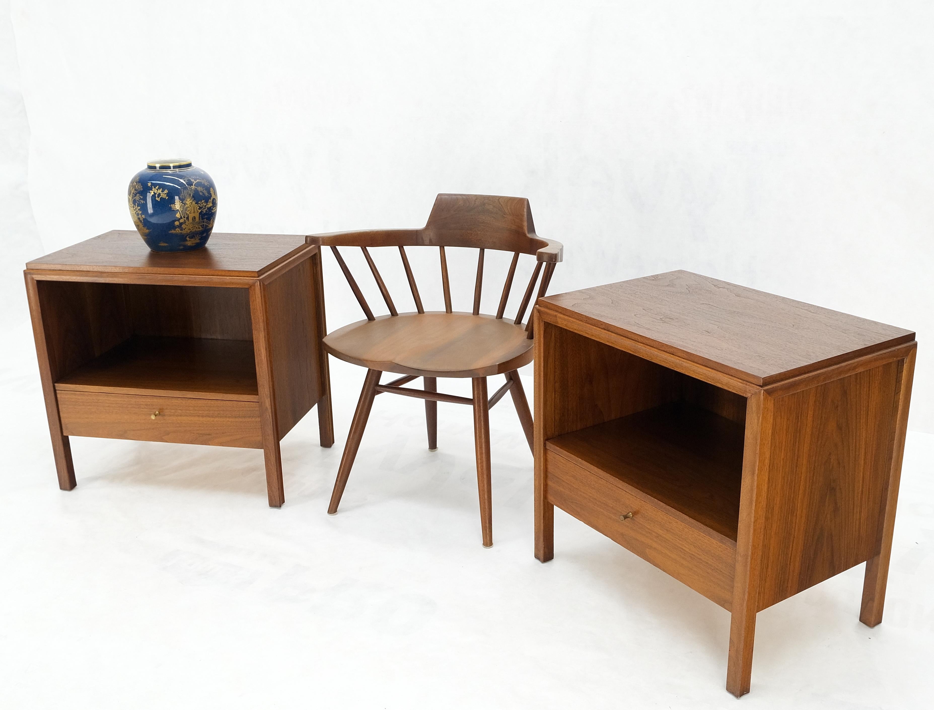 Pair Finished Back Danish Mid Century Modern One Drawer Walnut Night Stands MINT For Sale 10