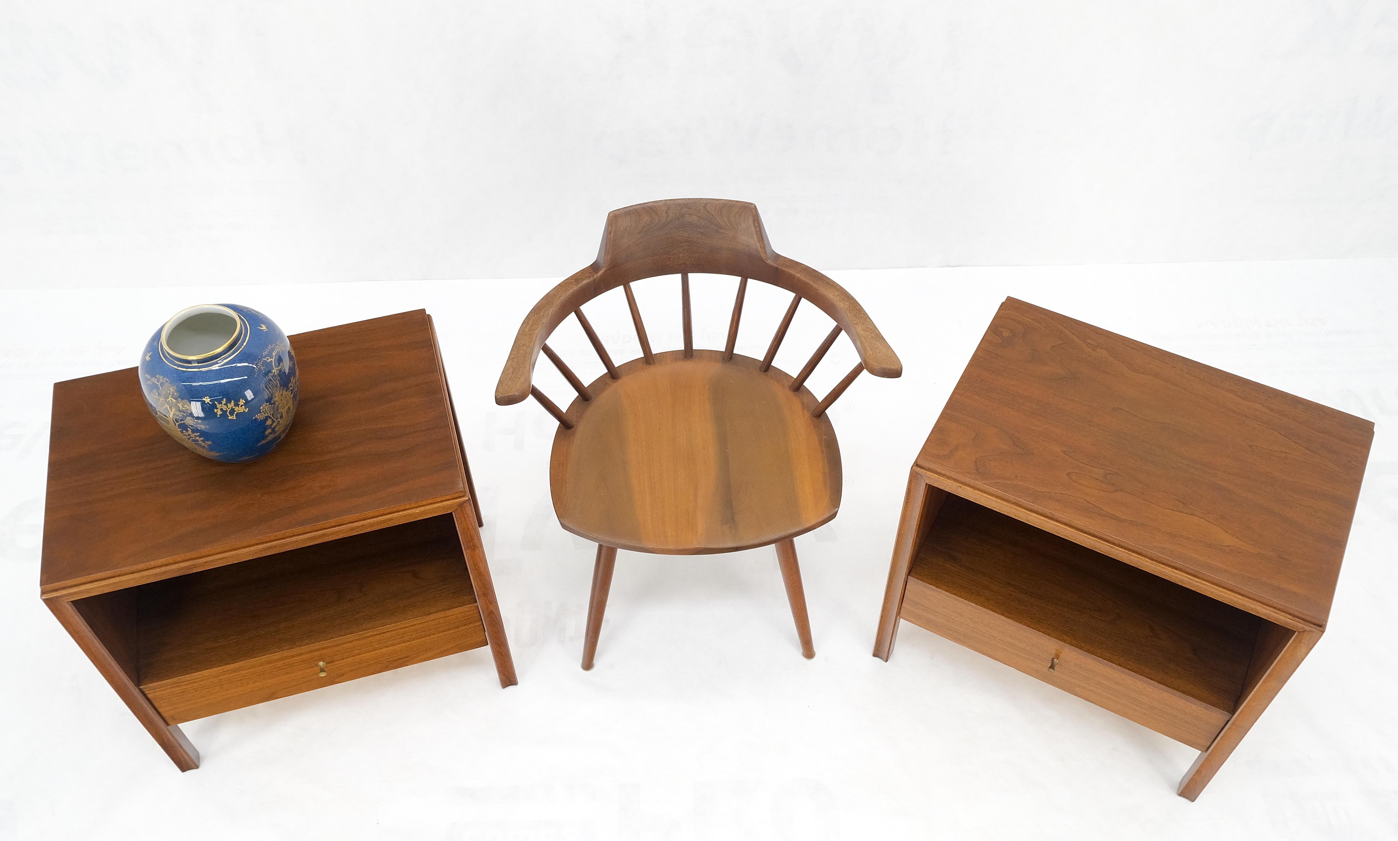 Pair Finished Back Danish Mid Century Modern One Drawer Walnut Night Stands MINT For Sale 12