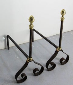 Pair Fireplace Andirons Wrought Iron & Brass Firedogs, France, c 1960