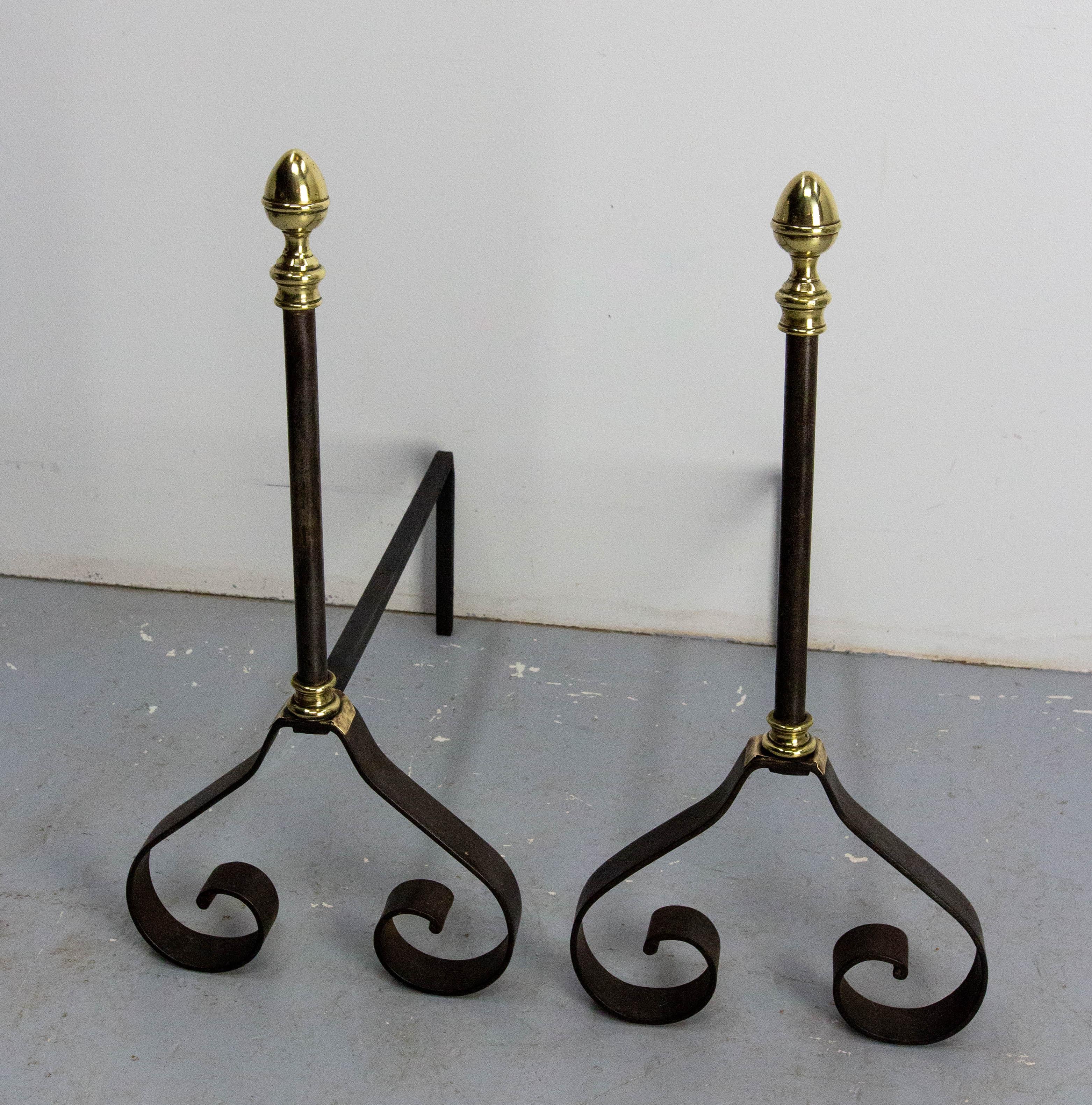 Mid-Century Modern Pair Fireplace Andirons Wrought Iron & Brass Firedogs, France, c 1960 For Sale