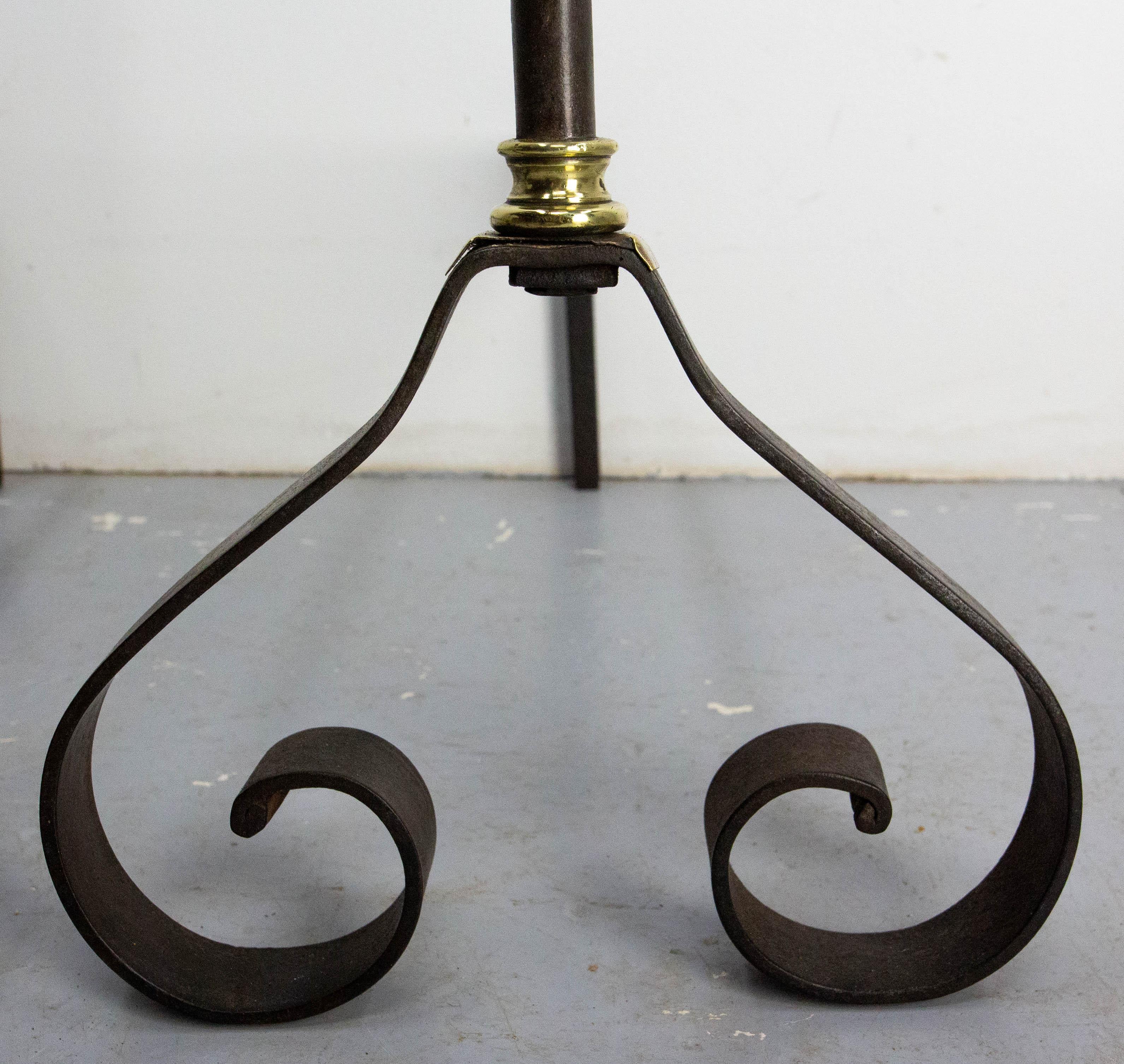 European Pair Fireplace Andirons Wrought Iron & Brass Firedogs, France, c 1960 For Sale