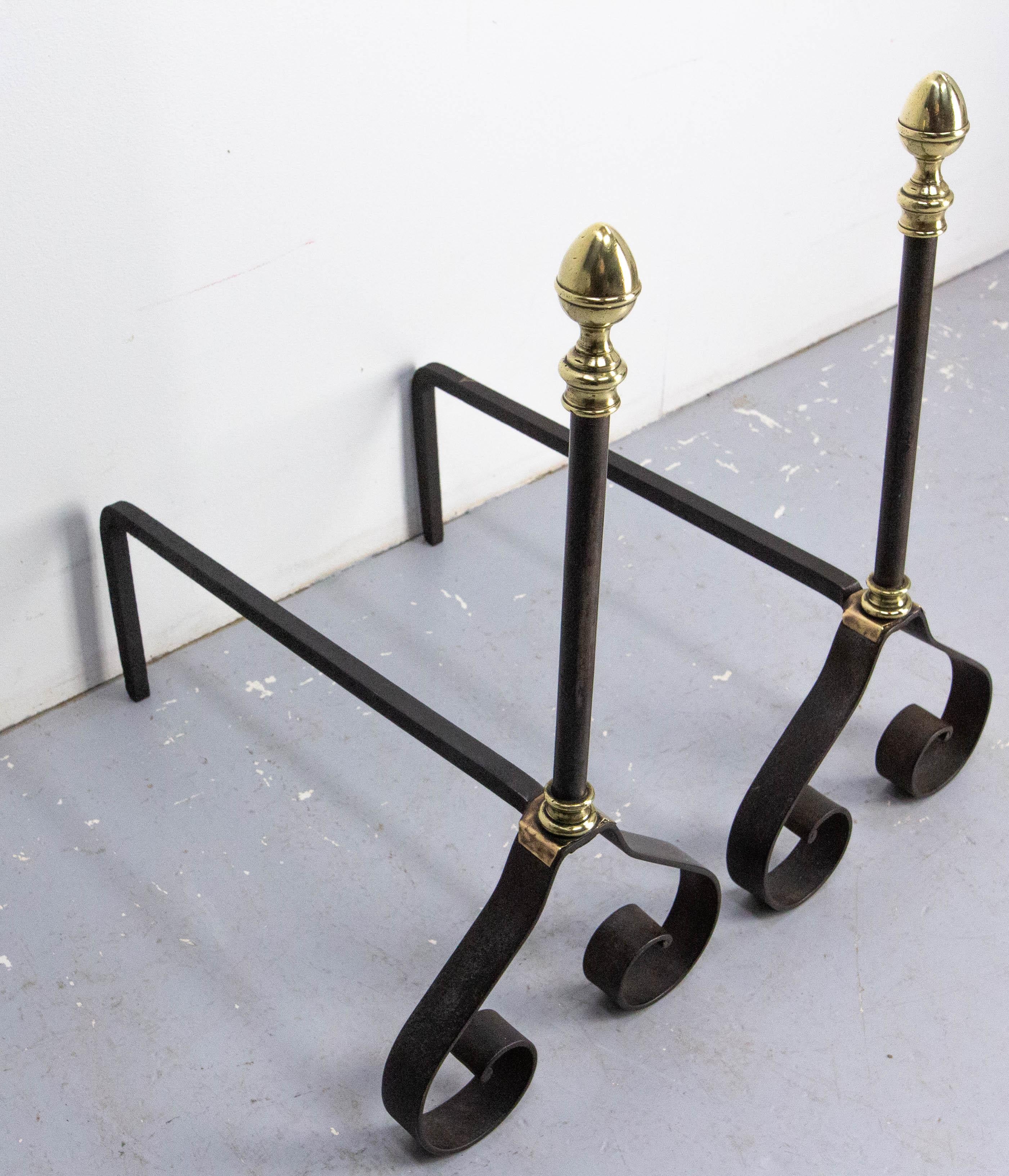 Pair Fireplace Andirons Wrought Iron & Brass Firedogs, France, c 1960 In Good Condition For Sale In Labrit, Landes