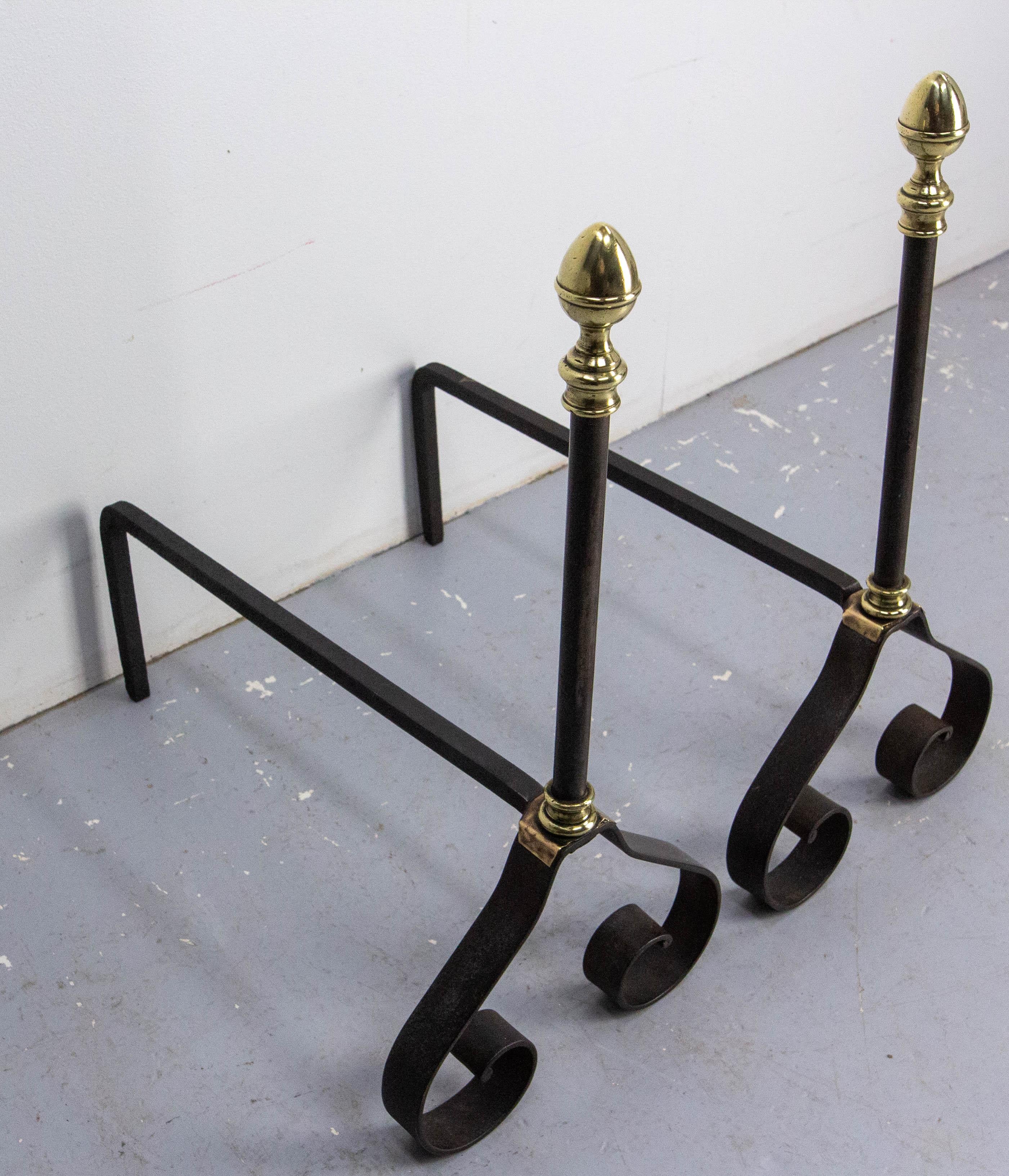 20th Century Pair Fireplace Andirons Wrought Iron & Brass Firedogs, France, c 1960 For Sale