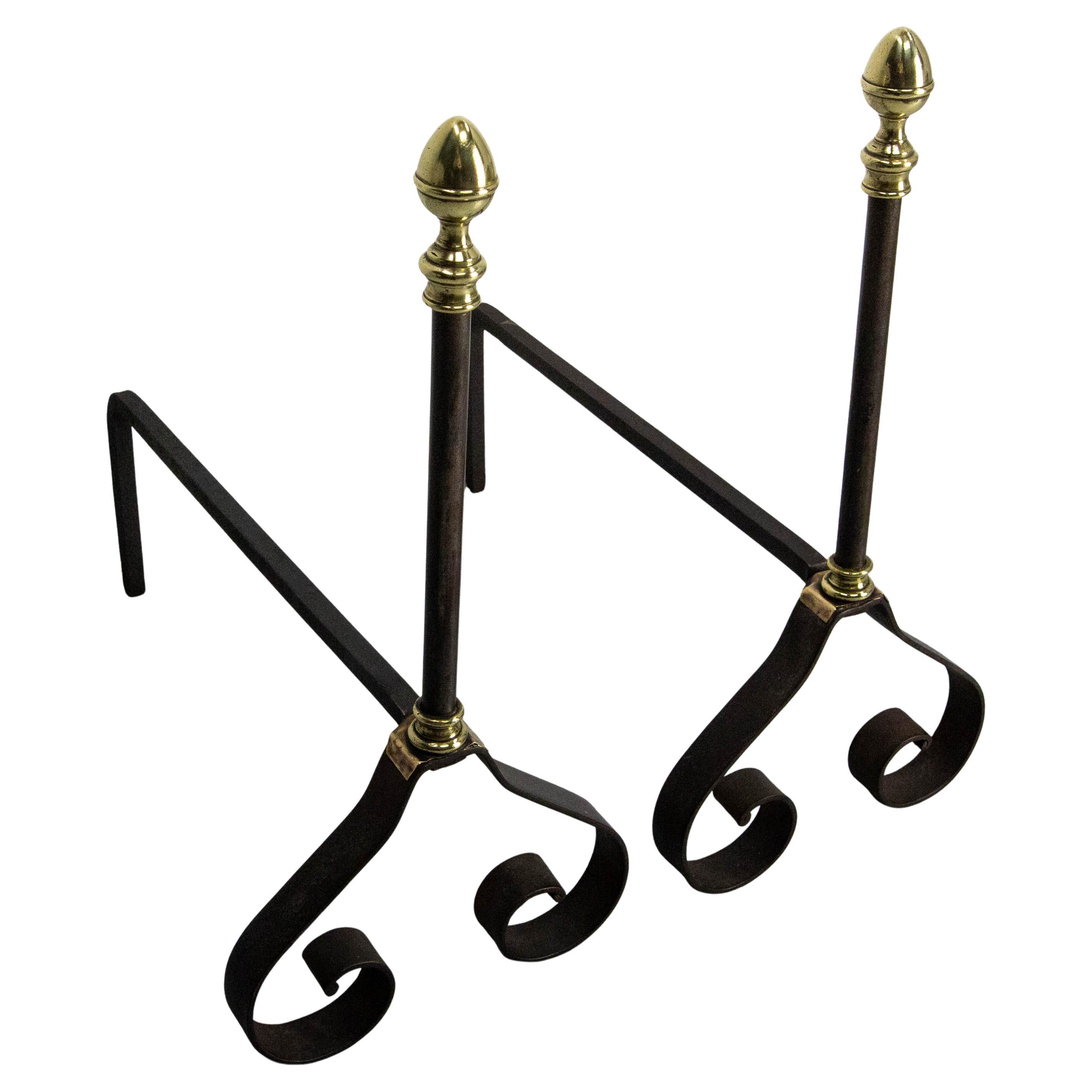Pair Fireplace Andirons Wrought Iron & Brass Firedogs, France, c 1960