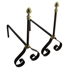 Pair Fireplace Andirons Wrought Iron & Brass Firedogs, France, c 1960