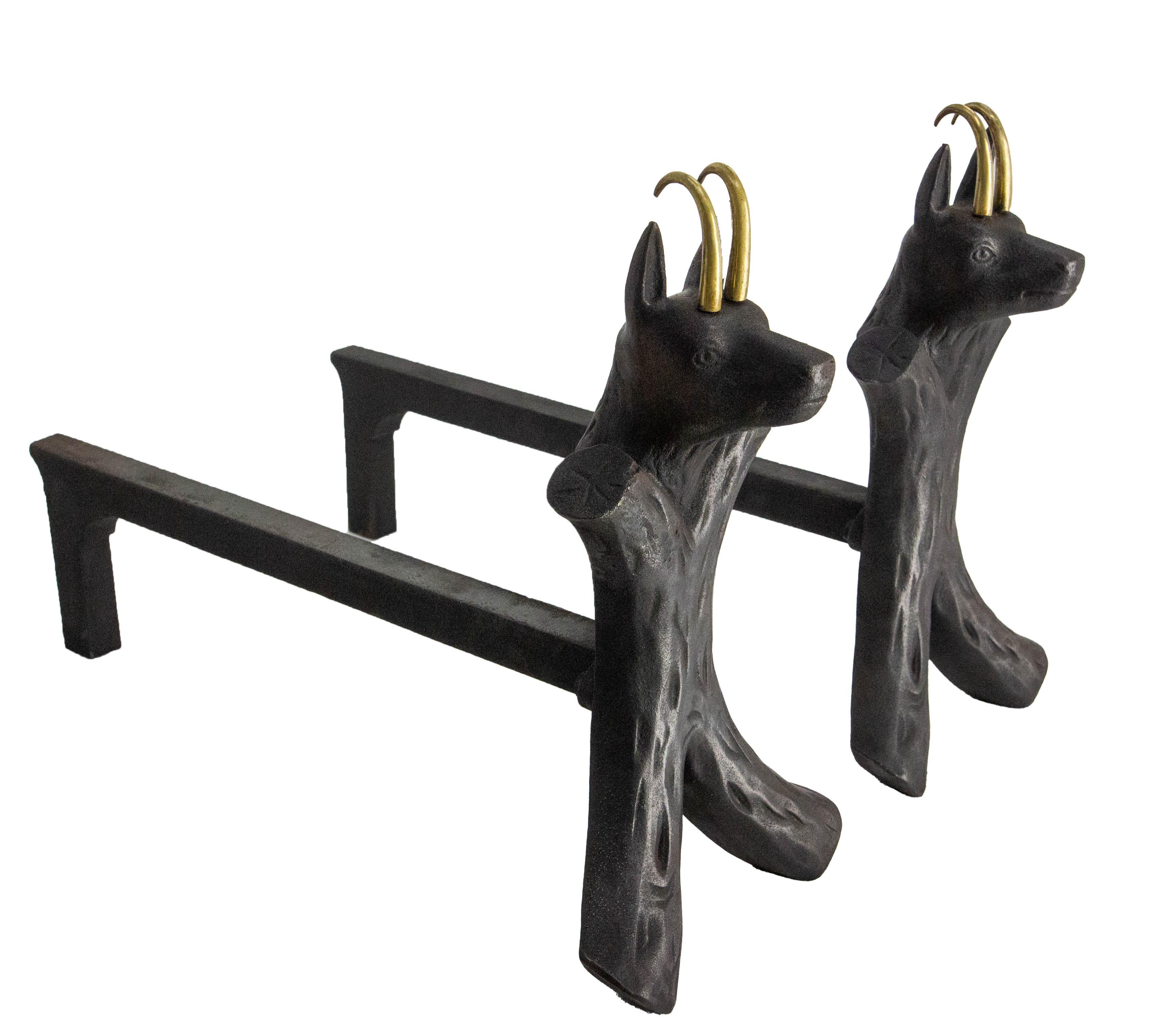 Mid-Century Modern Pair Fireplace Andirons Wrought Iron Firedogs Ibex Inspiration, France, c 1950 For Sale