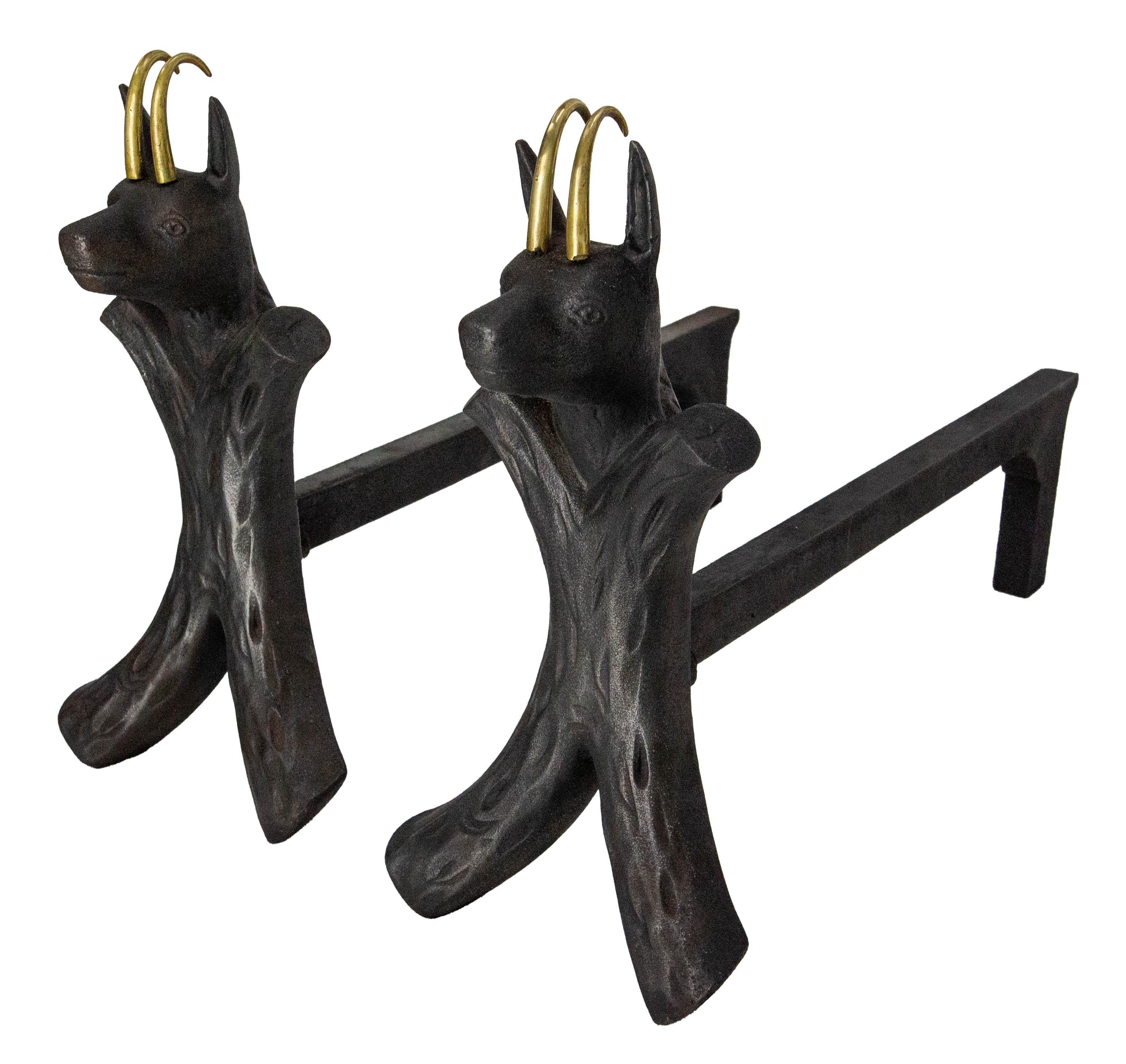 European Pair Fireplace Andirons Wrought Iron Firedogs Ibex Inspiration, France, c 1950 For Sale