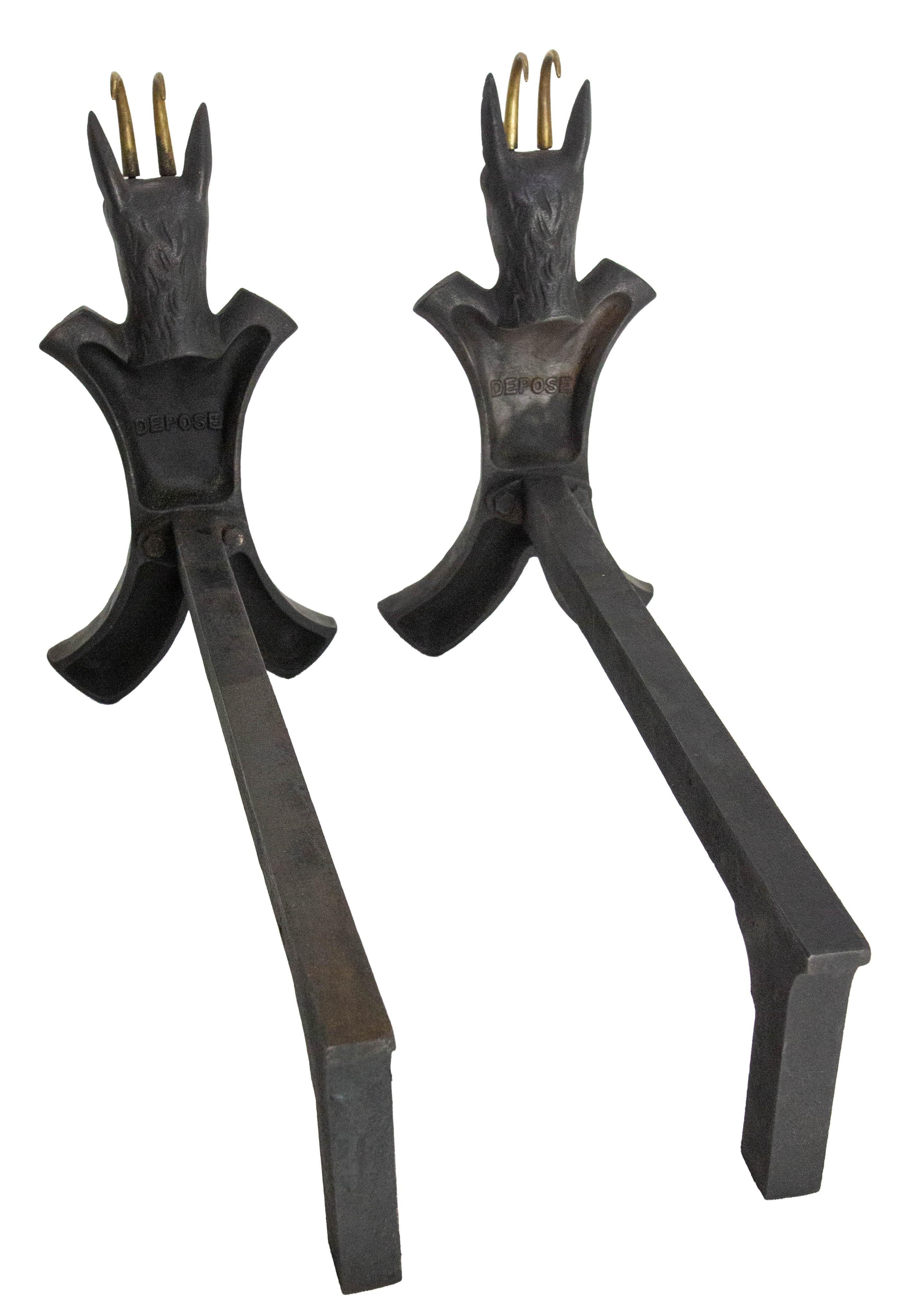 Pair Fireplace Andirons Wrought Iron Firedogs Ibex Inspiration, France, c 1950 In Good Condition For Sale In Labrit, Landes