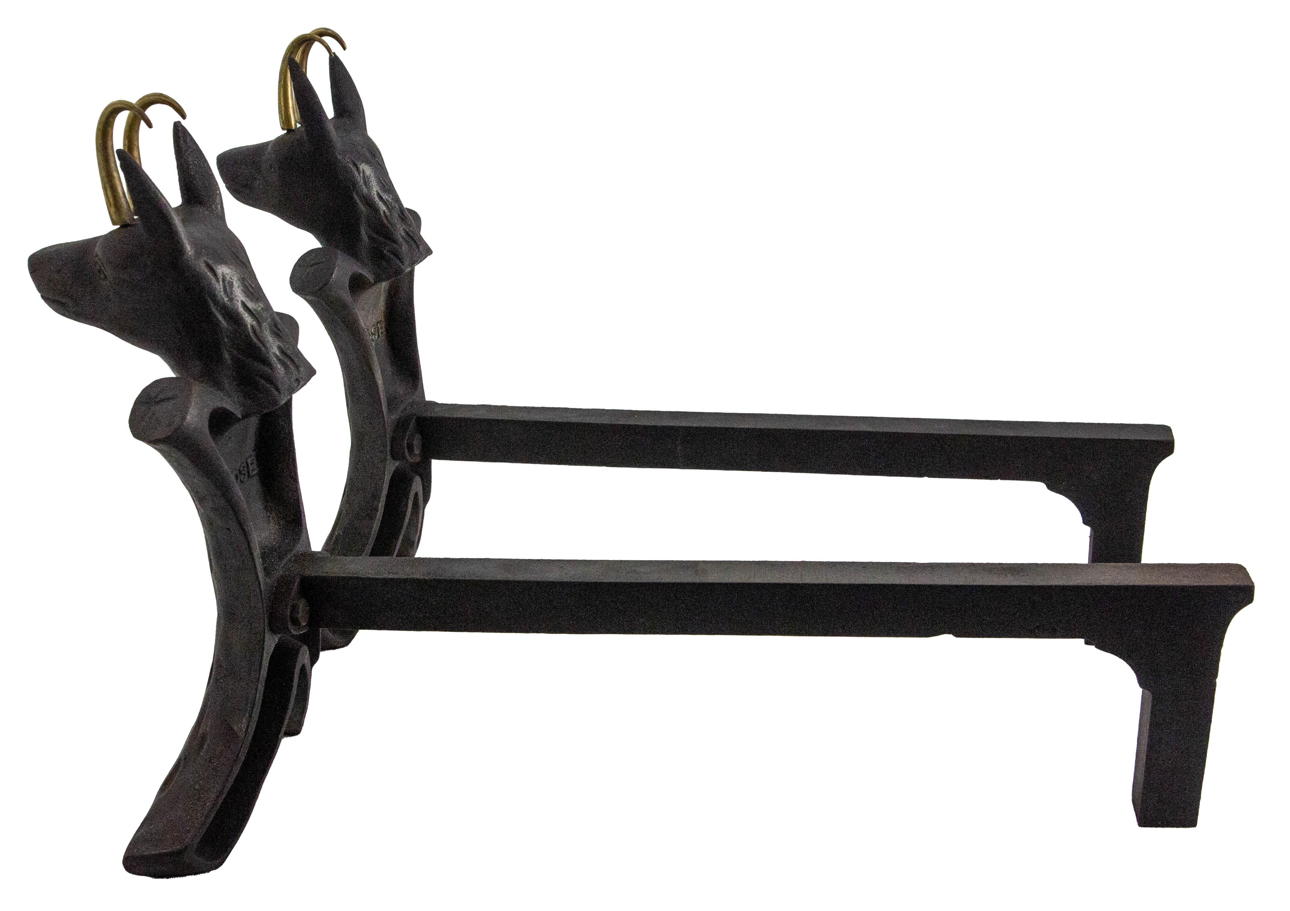 20th Century Pair Fireplace Andirons Wrought Iron Firedogs Ibex Inspiration, France, c 1950 For Sale