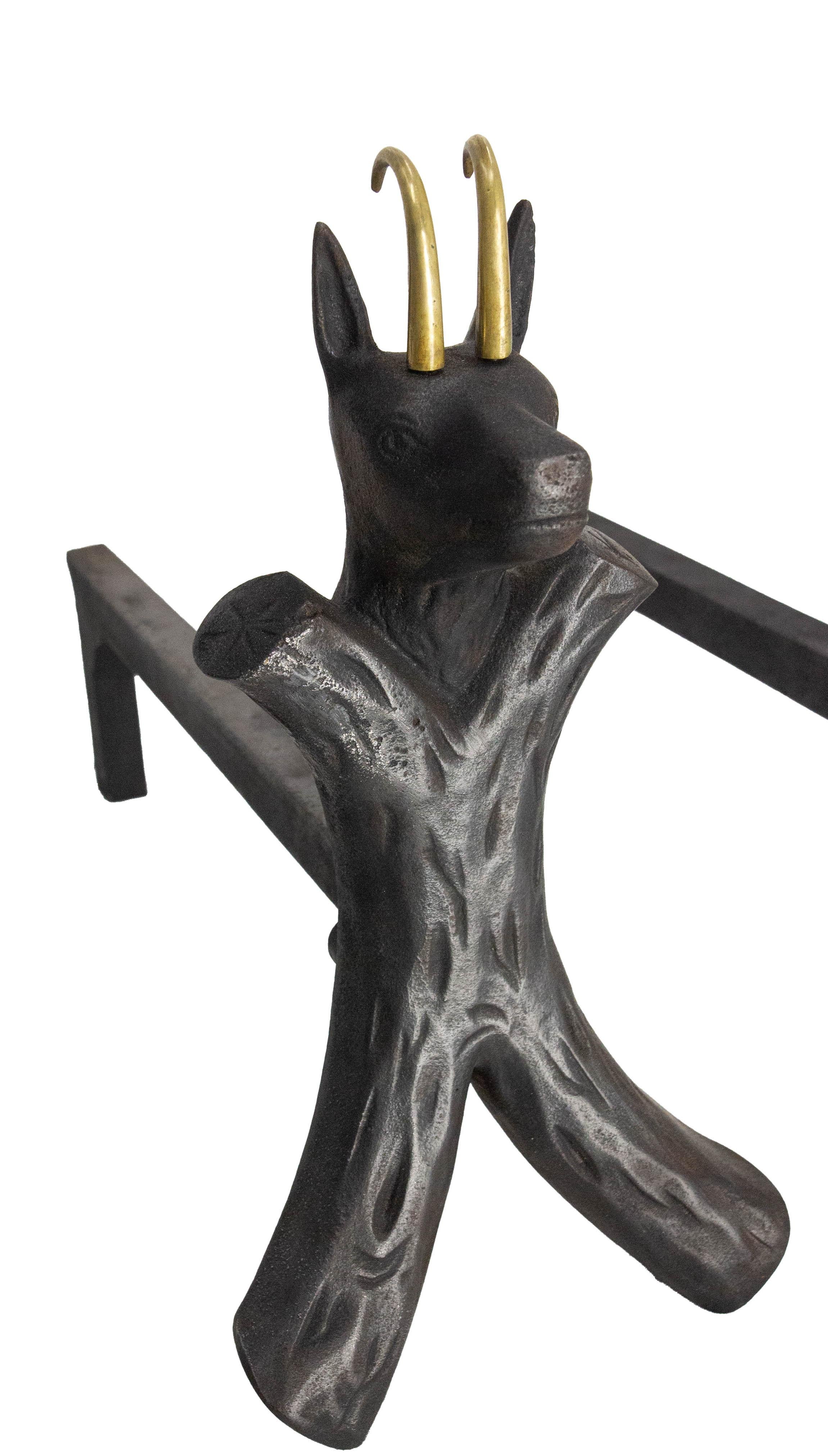 Pair Fireplace Andirons Wrought Iron Firedogs Ibex Inspiration, France, c 1950 For Sale 1