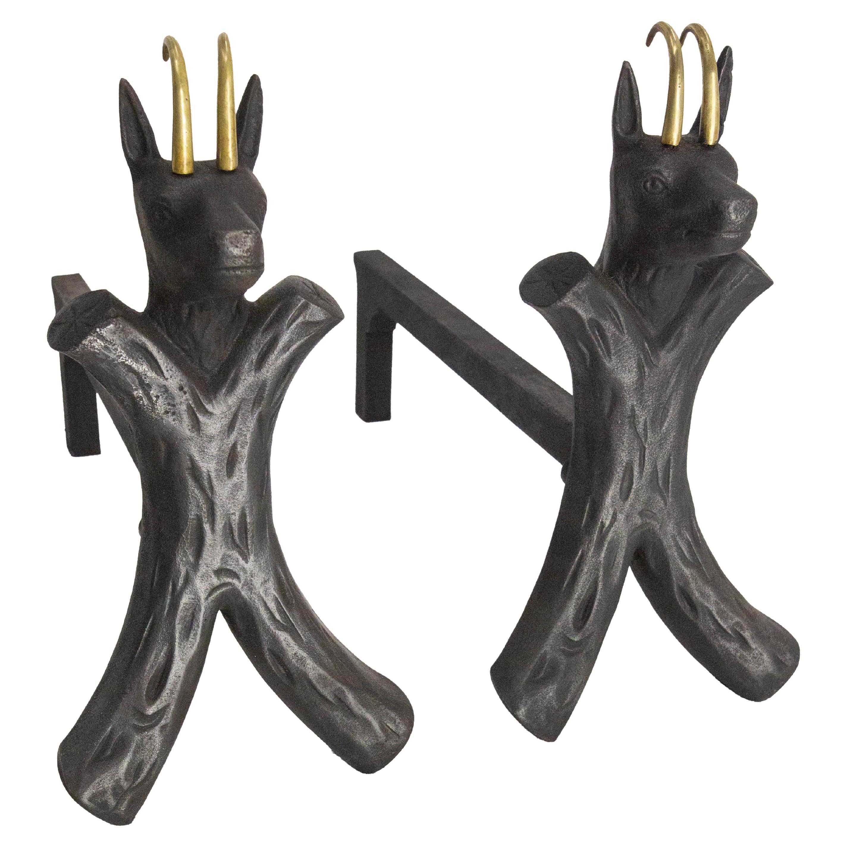 Pair Fireplace Andirons Wrought Iron Firedogs Ibex Inspiration, France, c 1950