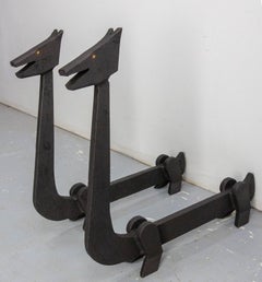 Pair Fireplace Andirons Wrought Iron Firedogs Mythical Creatures, France, c 1960