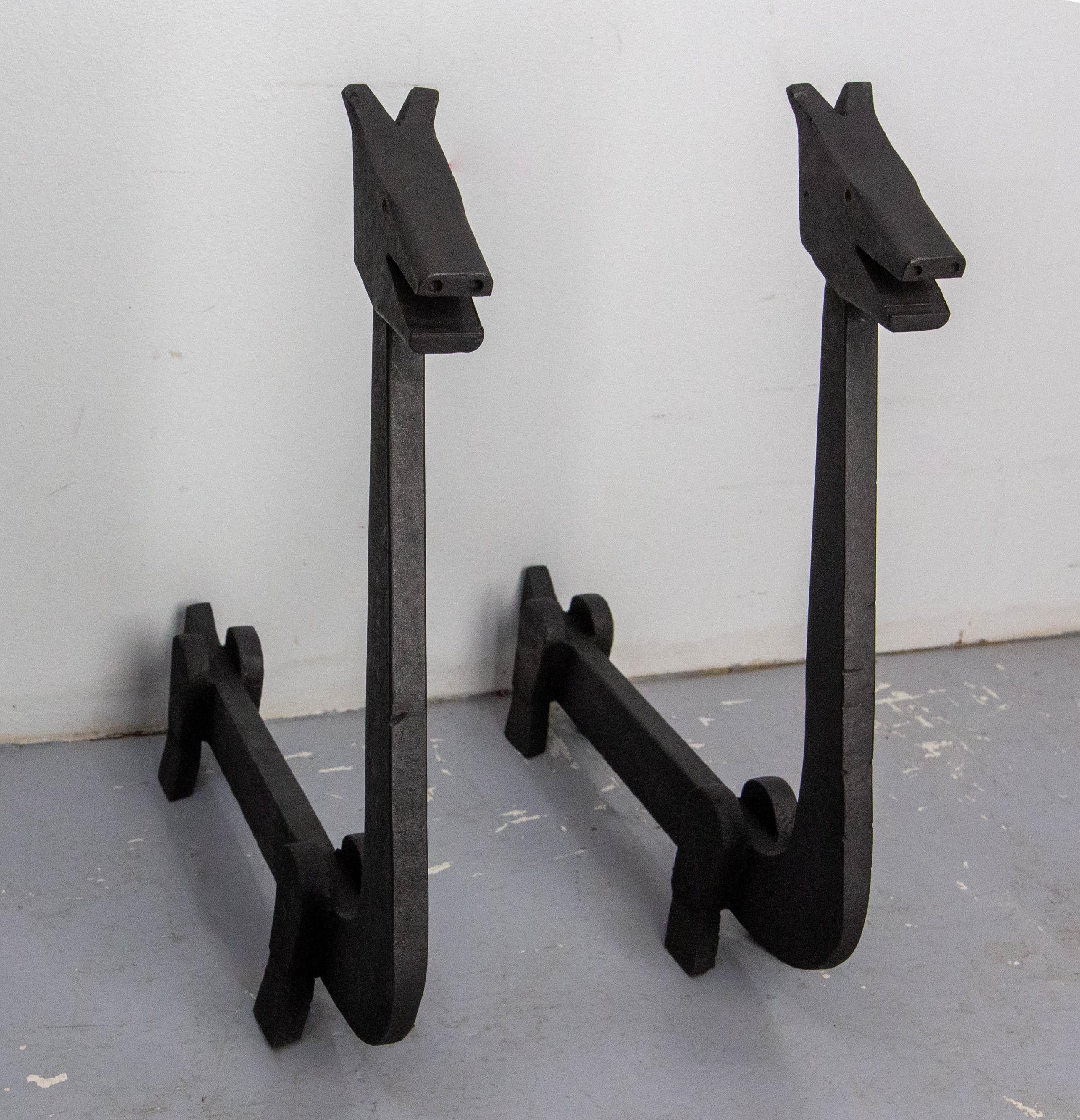 Mid-Century Modern Pair Fireplace Andirons Wrought Iron Firedogs Mythical Creatures, France, c 1960 For Sale