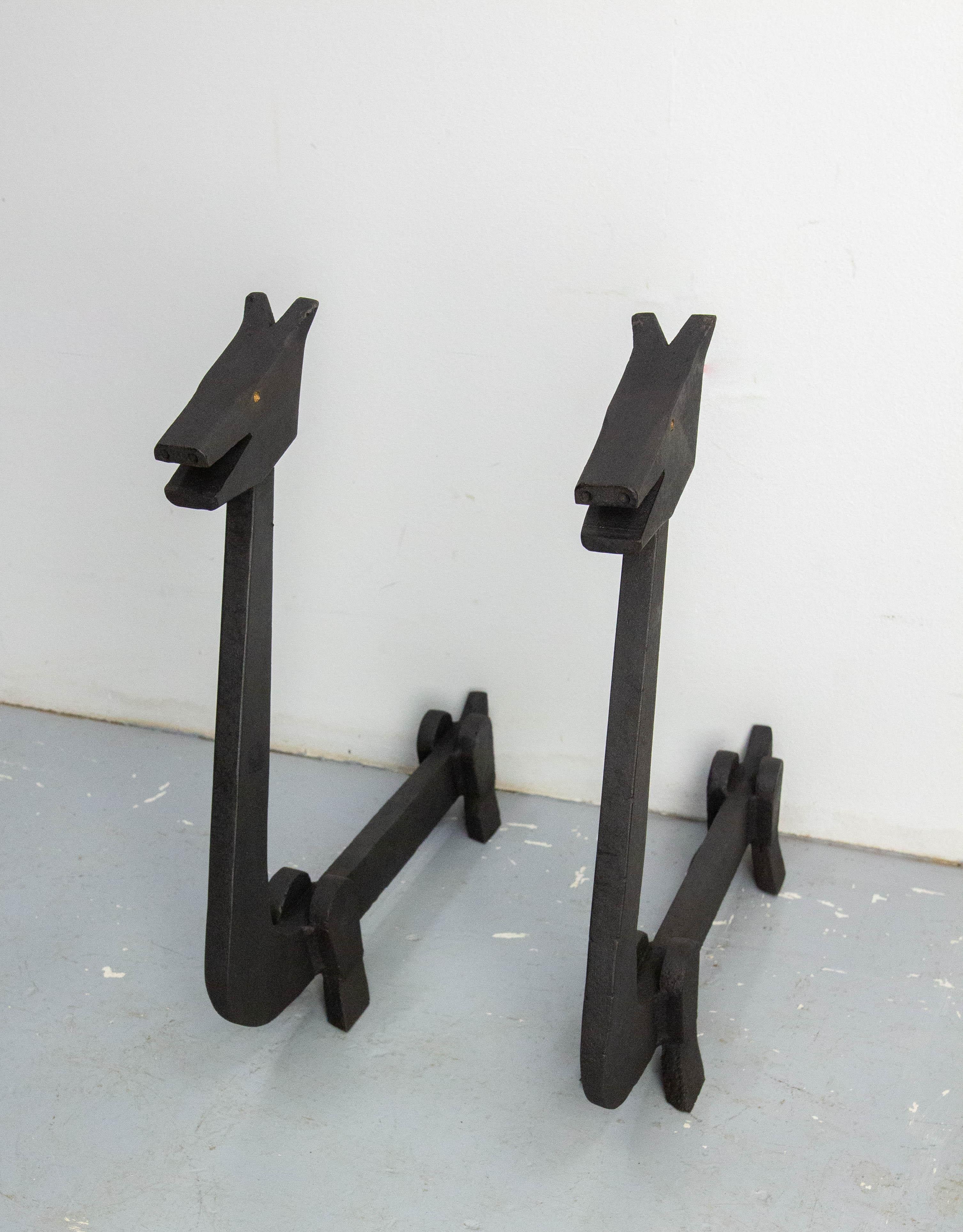 20th Century Pair Fireplace Andirons Wrought Iron Firedogs Mythical Creatures, France, c 1960 For Sale