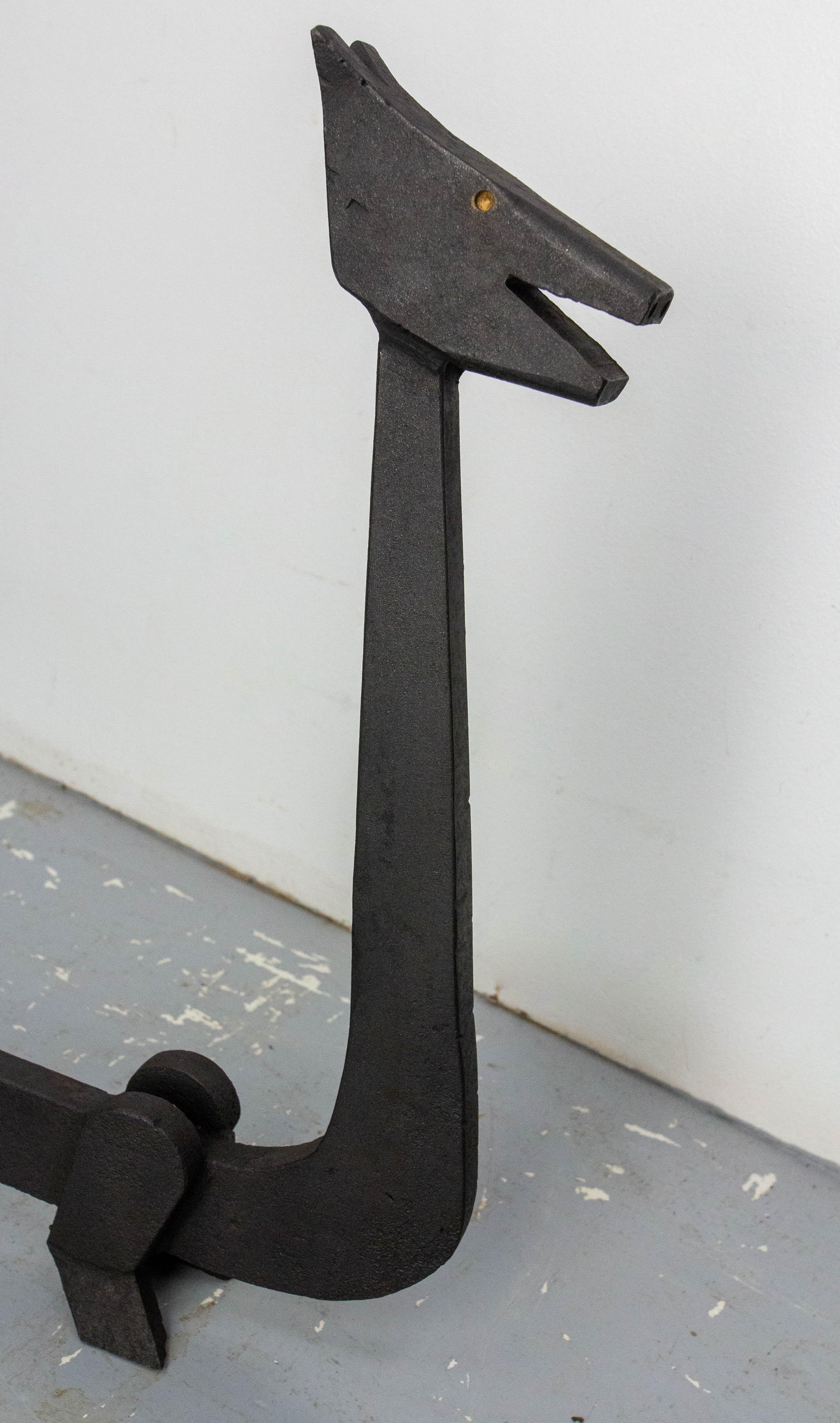 Pair Fireplace Andirons Wrought Iron Firedogs Mythical Creatures, France, c 1960 For Sale 3