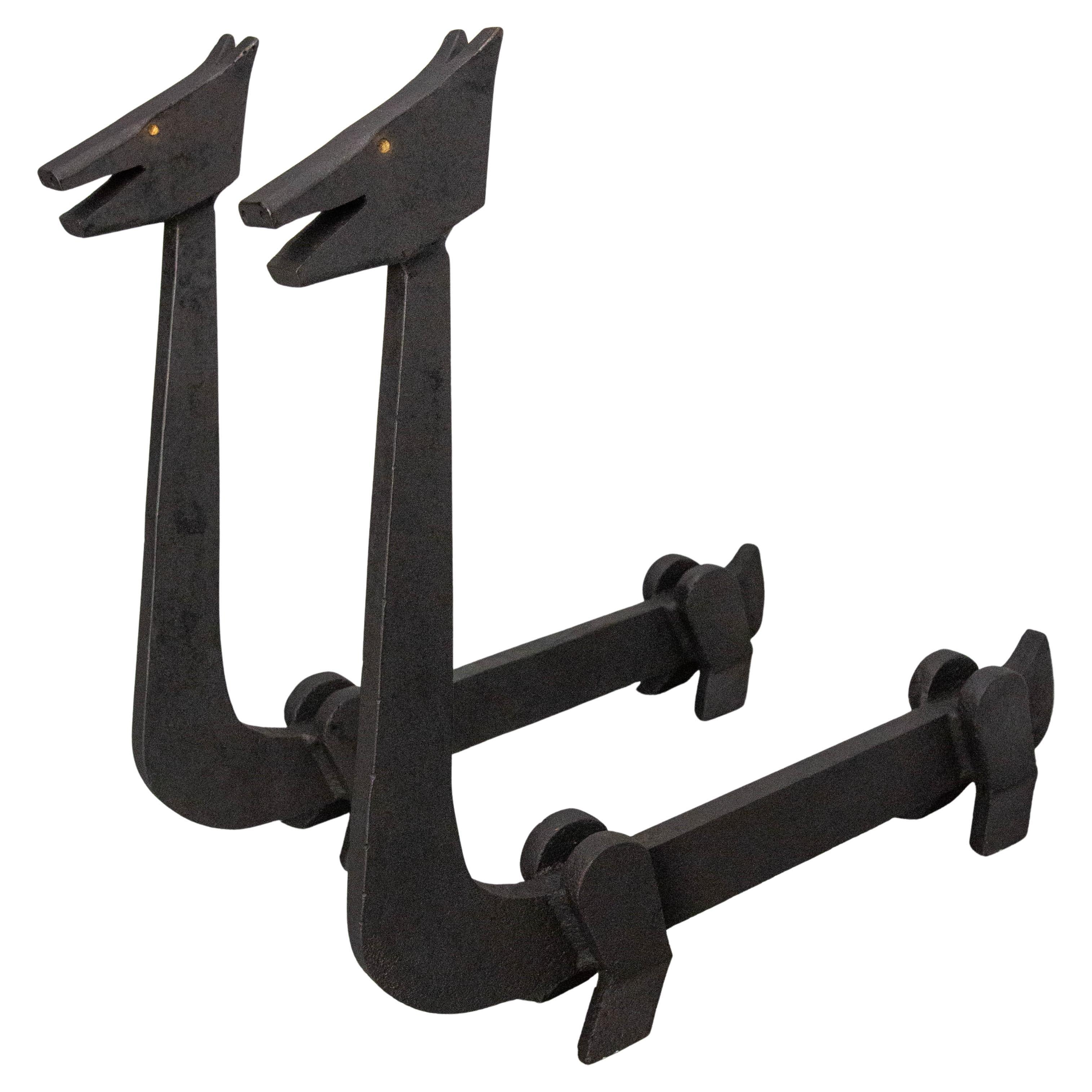 Pair Fireplace Andirons Wrought Iron Firedogs Mythical Creatures, France, c 1960
