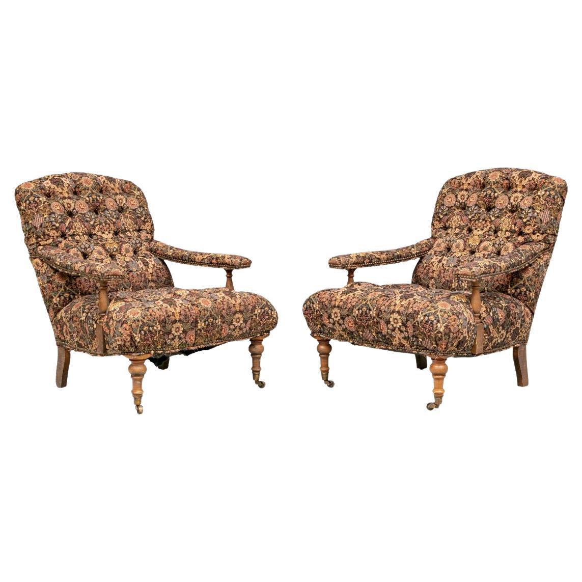 Pair Fireside Tapestry Upholstered Armchairs