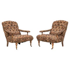 Vintage Pair Fireside Tapestry Upholstered Armchairs