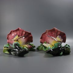 Pair Fives-Lille Majolica Butterfly Wall Pockets