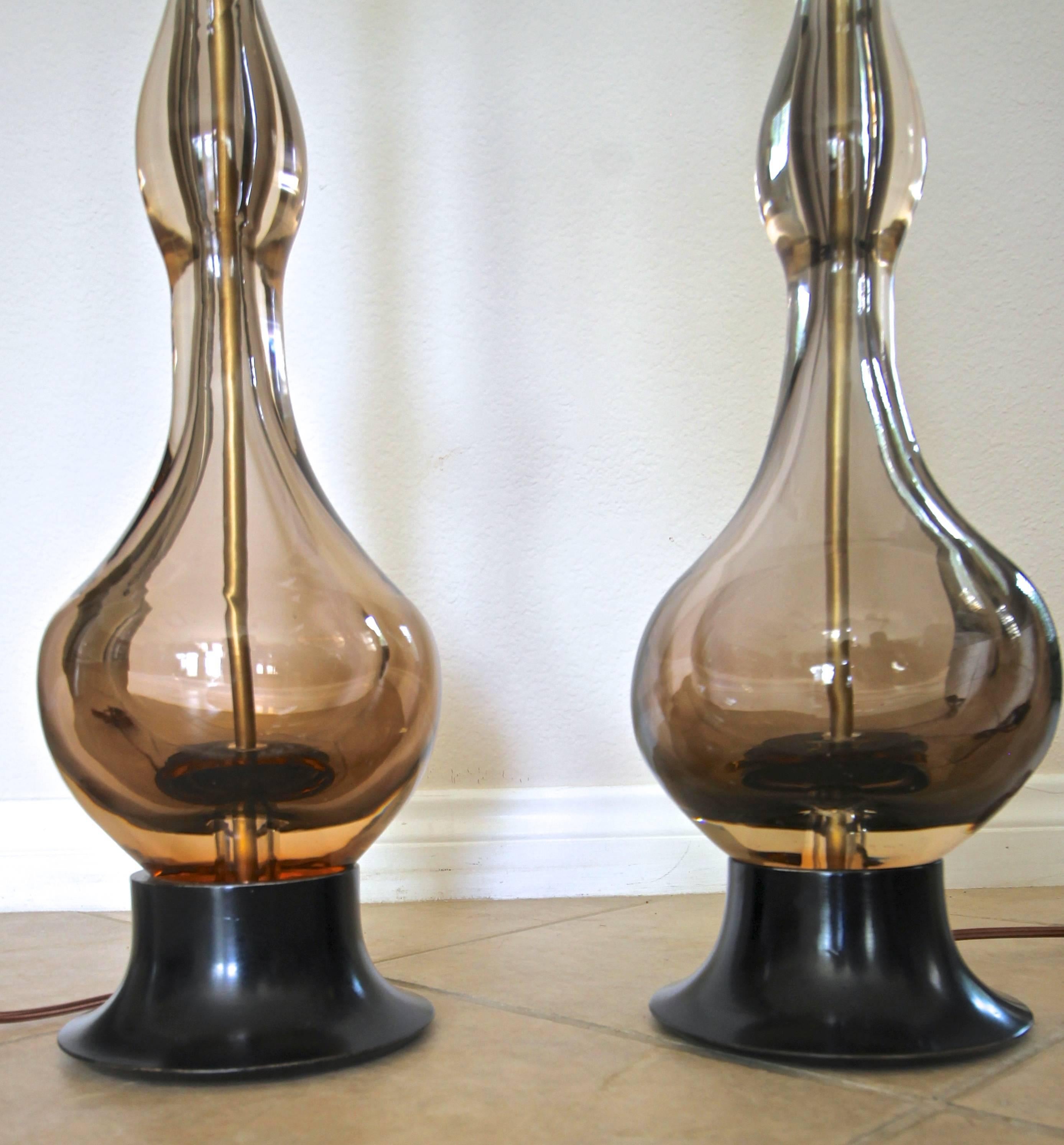 Pair of Flavio Poli Seguso Sommerso Murano Brown Glass Table Lamps 4