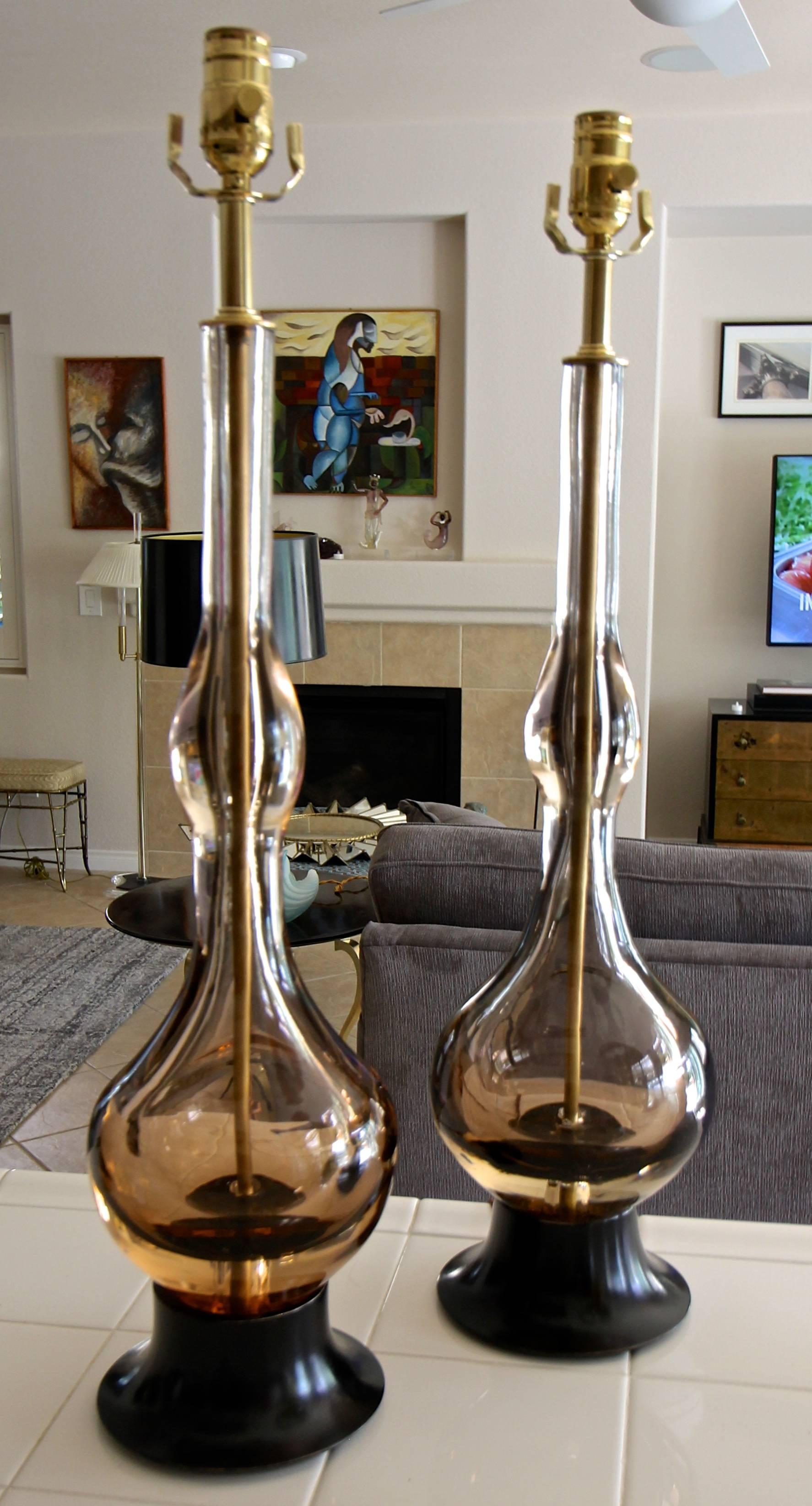 Pair of Flavio Poli Seguso Sommerso Murano Brown Glass Table Lamps 12