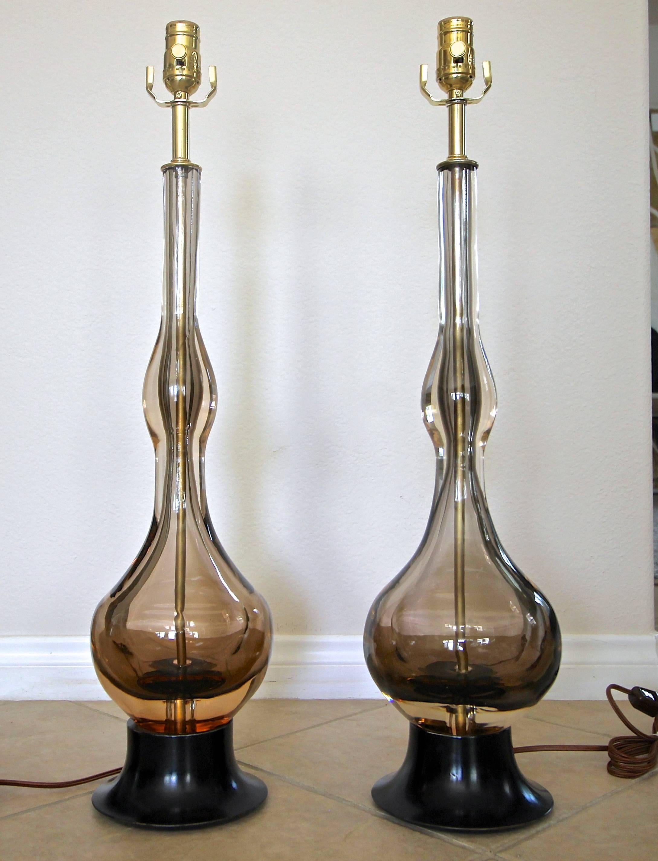 Italian Pair of Flavio Poli Seguso Sommerso Murano Brown Glass Table Lamps